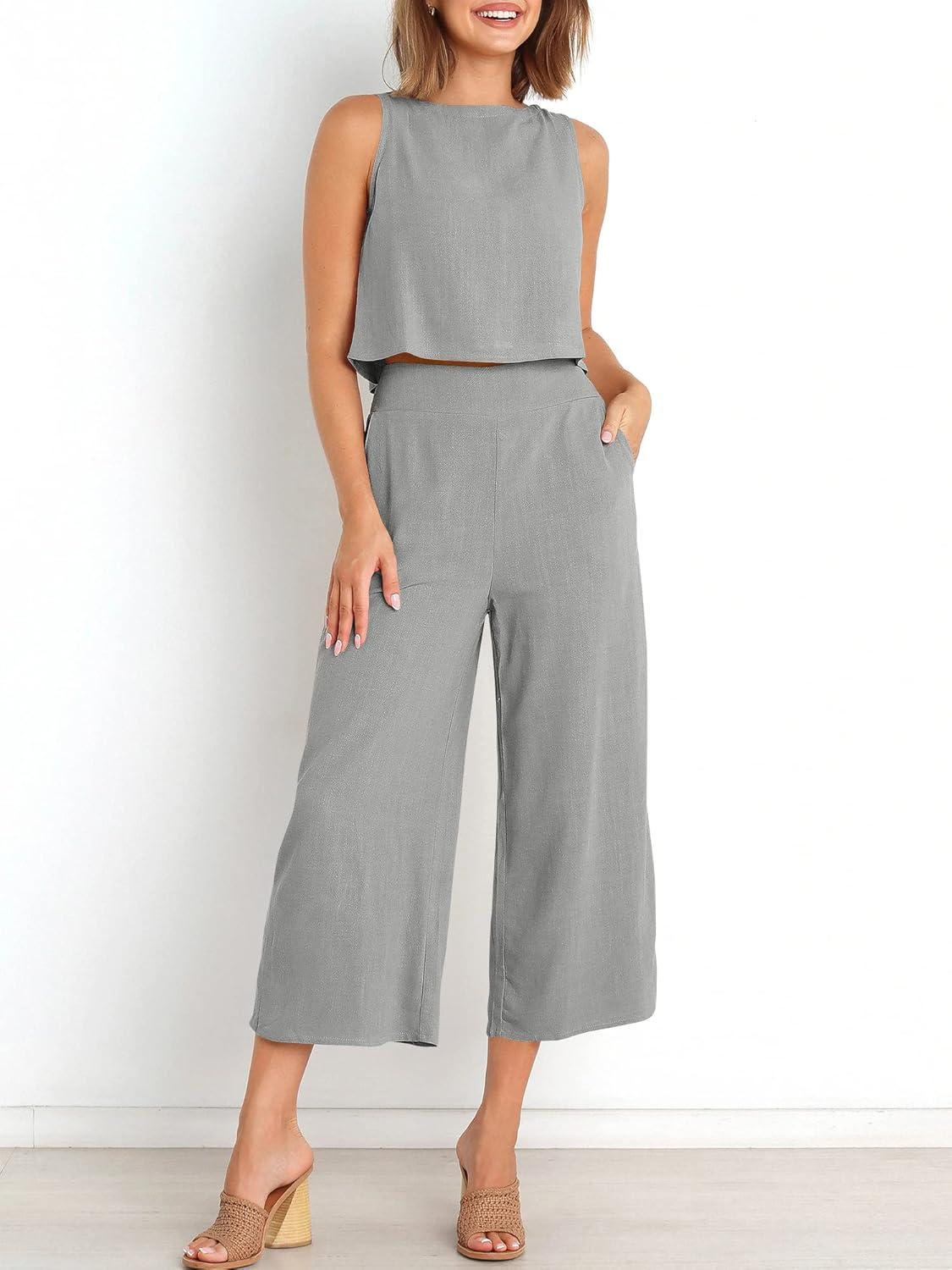 imageANRABESS Womens Summer 2 Piece Outfits Sleeveless Crop Top Capri Wide Leg Pants Jumpsuit Linen Lounge Beach Travel SetsLight Gray