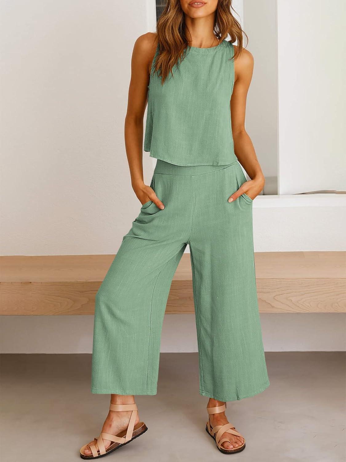 imageANRABESS Womens Summer 2 Piece Outfits Sleeveless Crop Top Capri Wide Leg Pants Jumpsuit Linen Lounge Beach Travel SetsLight Green