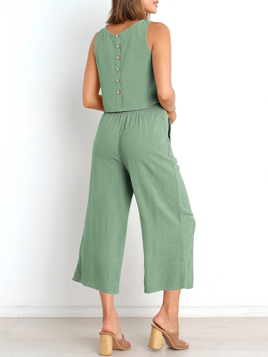 imageANRABESS Womens Summer 2 Piece Outfits Sleeveless Crop Top Capri Wide Leg Pants Jumpsuit Linen Lounge Beach Travel SetsLight Green