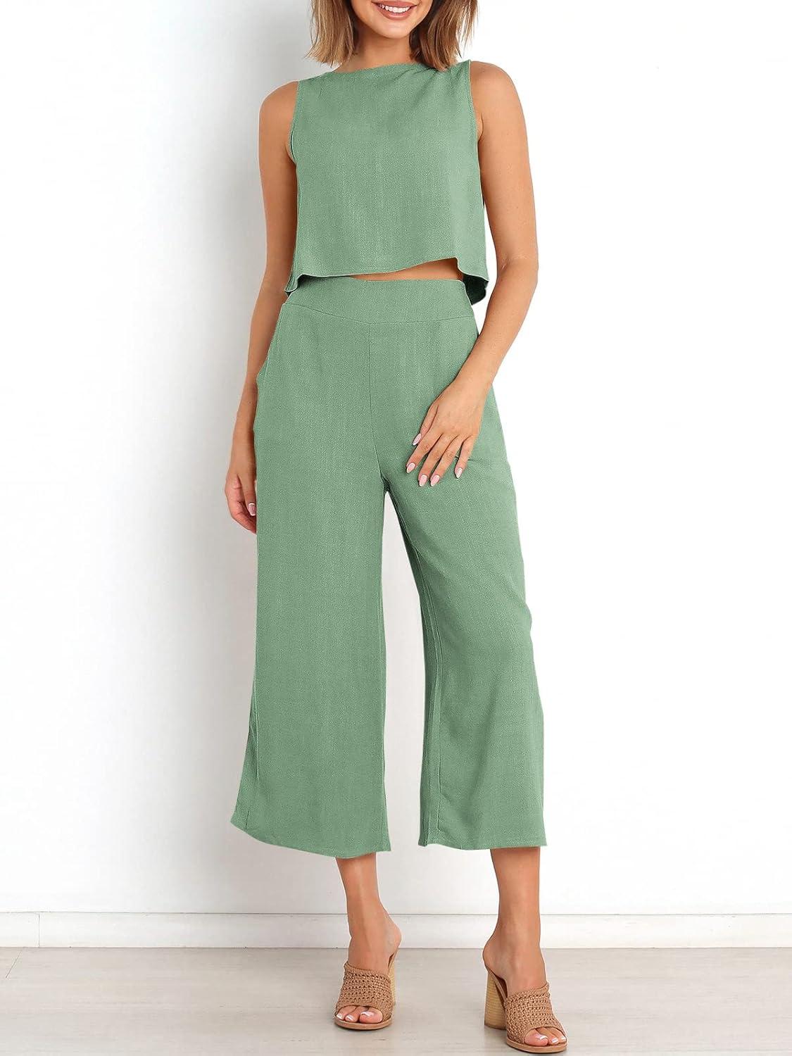 imageANRABESS Womens Summer 2 Piece Outfits Sleeveless Crop Top Capri Wide Leg Pants Jumpsuit Linen Lounge Beach Travel SetsLight Green