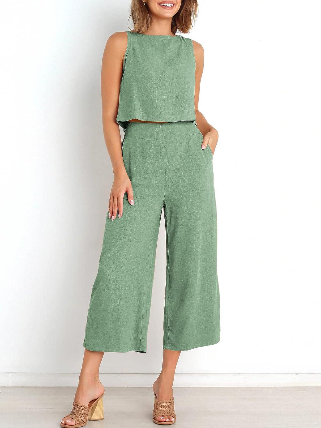 imageANRABESS Womens Summer 2 Piece Outfits Sleeveless Crop Top Capri Wide Leg Pants Jumpsuit Linen Lounge Beach Travel SetsLight Green