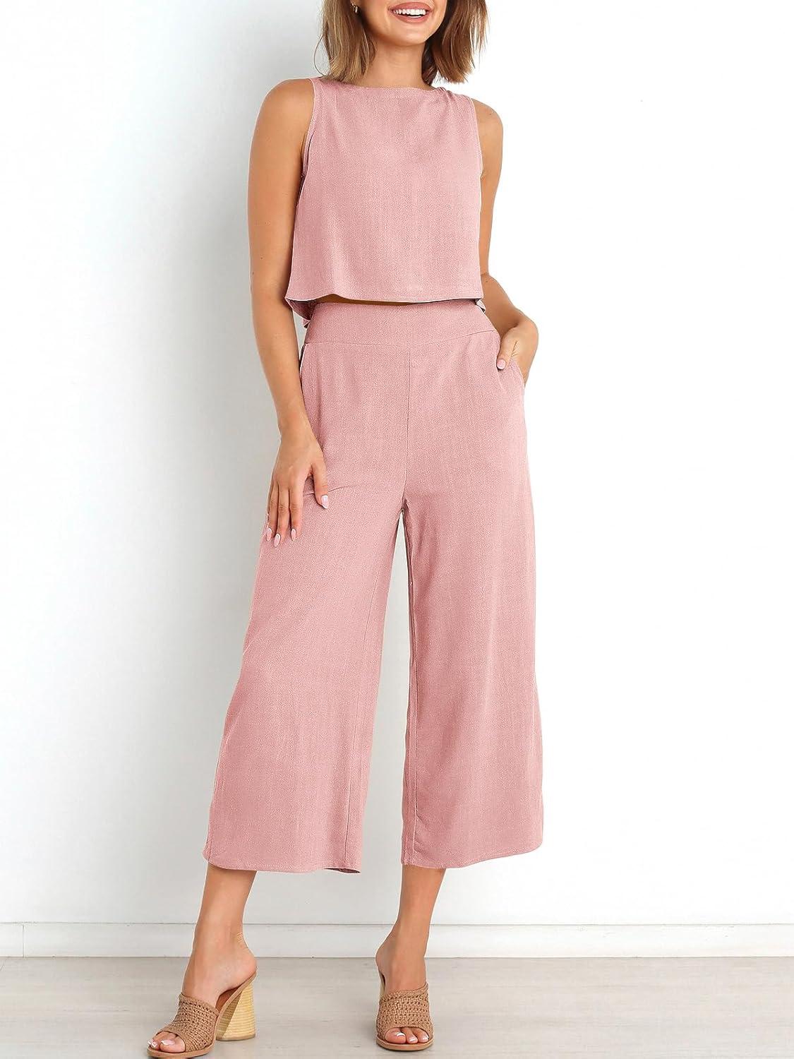 imageANRABESS Womens Summer 2 Piece Outfits Sleeveless Crop Top Capri Wide Leg Pants Jumpsuit Linen Lounge Beach Travel SetsLight Pink