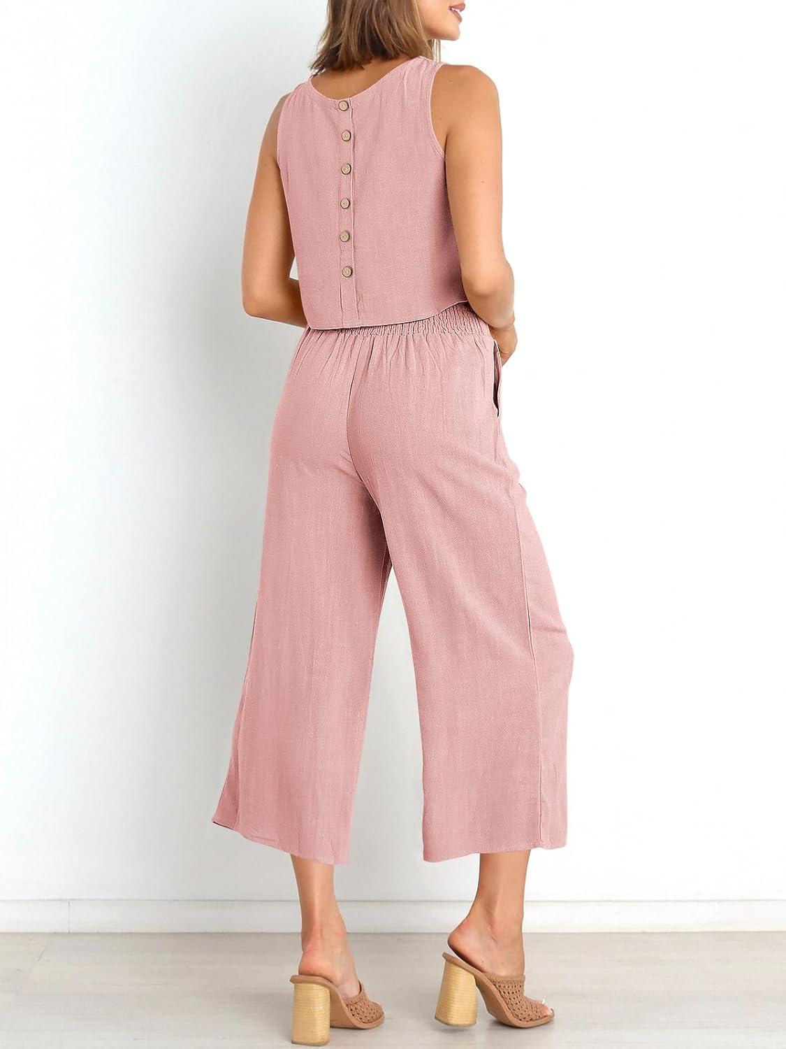 imageANRABESS Womens Summer 2 Piece Outfits Sleeveless Crop Top Capri Wide Leg Pants Jumpsuit Linen Lounge Beach Travel SetsLight Pink