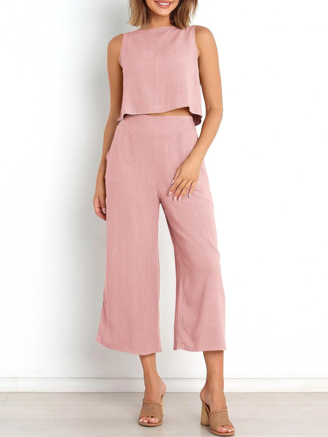 imageANRABESS Womens Summer 2 Piece Outfits Sleeveless Crop Top Capri Wide Leg Pants Jumpsuit Linen Lounge Beach Travel SetsLight Pink