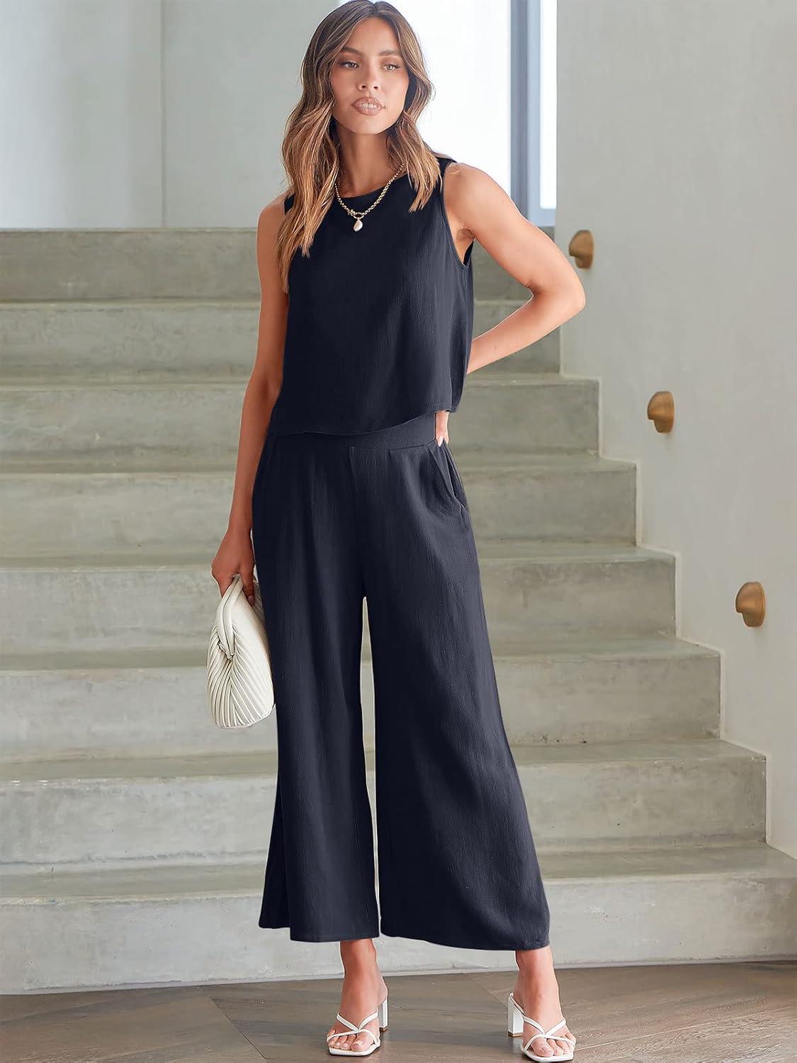 imageANRABESS Womens Summer 2 Piece Outfits Sleeveless Crop Top Capri Wide Leg Pants Jumpsuit Linen Lounge Beach Travel SetsNavy Blue