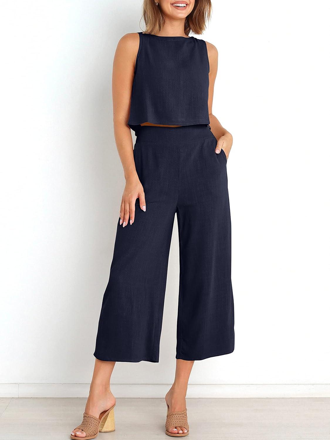 imageANRABESS Womens Summer 2 Piece Outfits Sleeveless Crop Top Capri Wide Leg Pants Jumpsuit Linen Lounge Beach Travel SetsNavy Blue