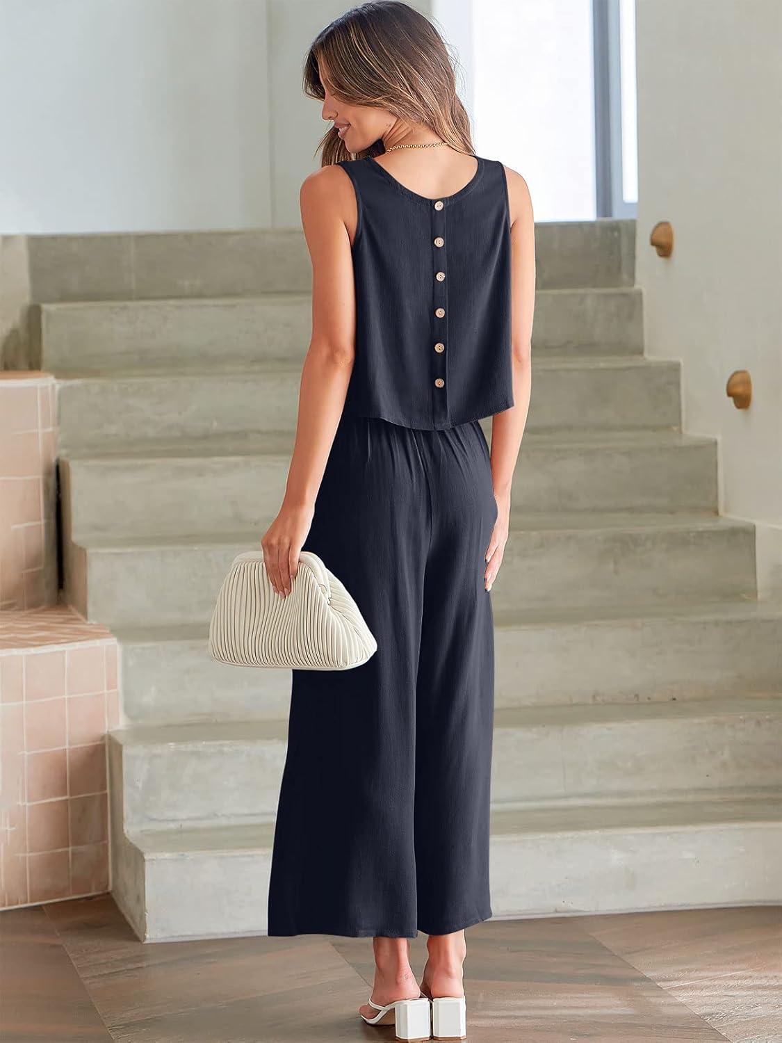 imageANRABESS Womens Summer 2 Piece Outfits Sleeveless Crop Top Capri Wide Leg Pants Jumpsuit Linen Lounge Beach Travel SetsNavy Blue