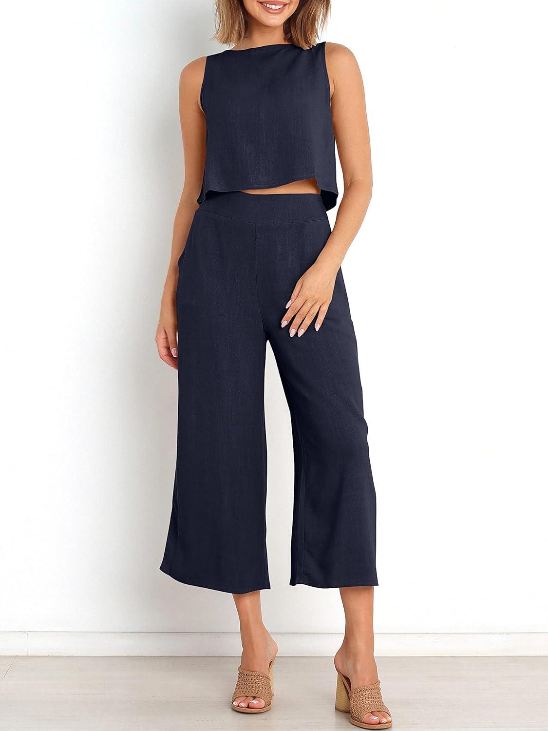 imageANRABESS Womens Summer 2 Piece Outfits Sleeveless Crop Top Capri Wide Leg Pants Jumpsuit Linen Lounge Beach Travel SetsNavy Blue