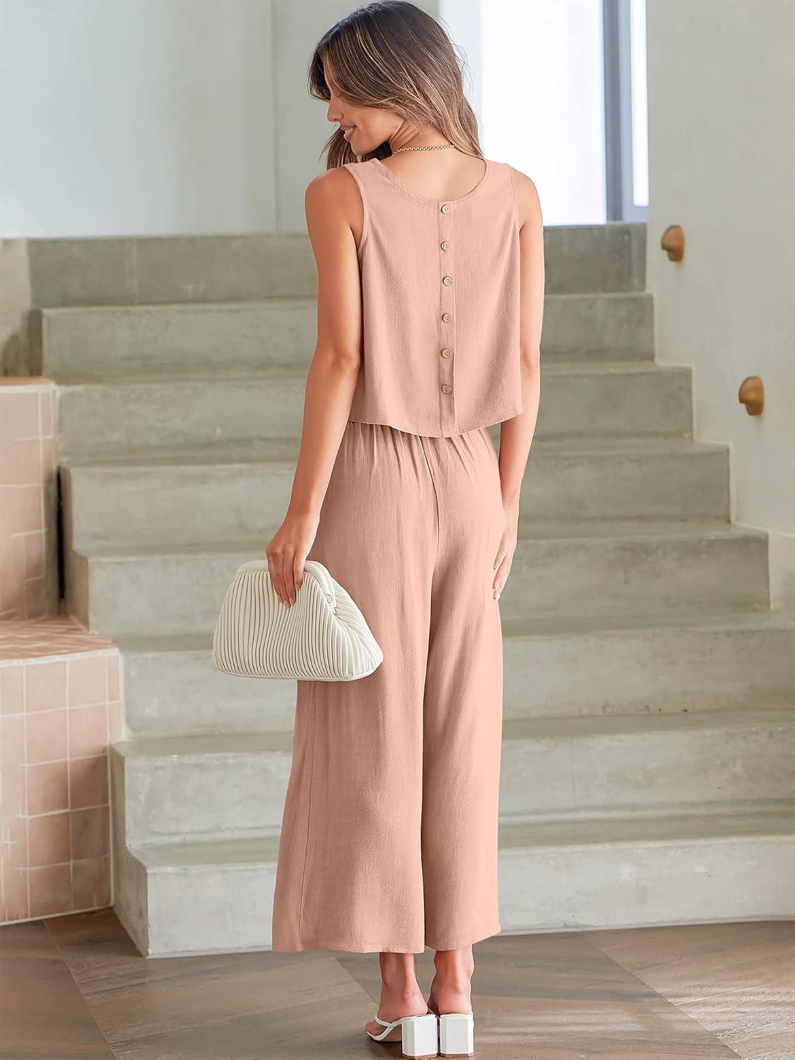 imageANRABESS Womens Summer 2 Piece Outfits Sleeveless Crop Top Capri Wide Leg Pants Jumpsuit Linen Lounge Beach Travel SetsPink