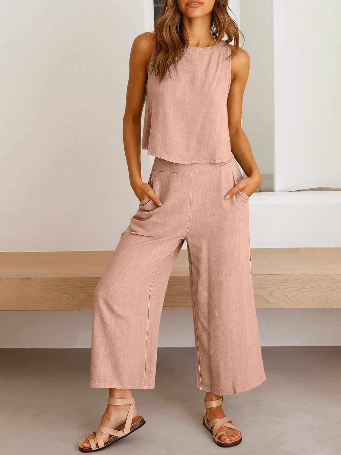 imageANRABESS Womens Summer 2 Piece Outfits Sleeveless Crop Top Capri Wide Leg Pants Jumpsuit Linen Lounge Beach Travel SetsPink