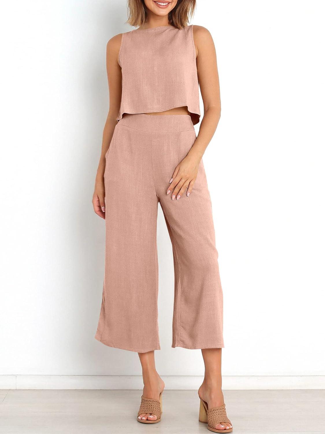 imageANRABESS Womens Summer 2 Piece Outfits Sleeveless Crop Top Capri Wide Leg Pants Jumpsuit Linen Lounge Beach Travel SetsPink
