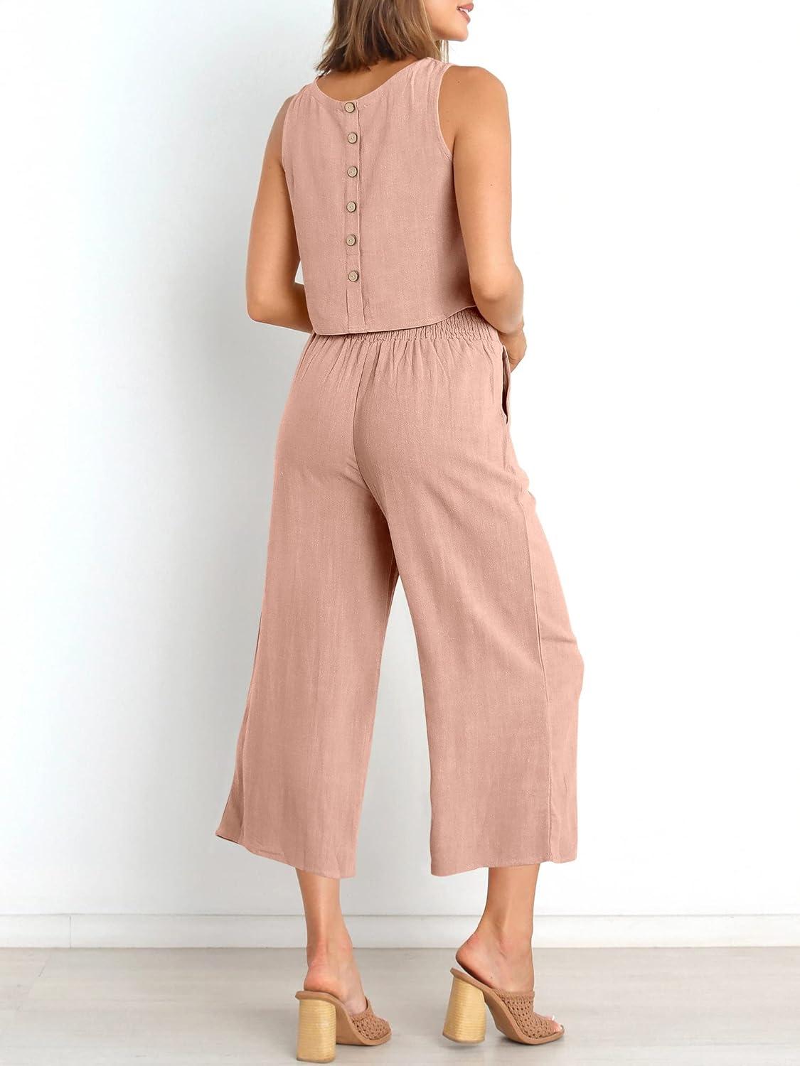 imageANRABESS Womens Summer 2 Piece Outfits Sleeveless Crop Top Capri Wide Leg Pants Jumpsuit Linen Lounge Beach Travel SetsPink