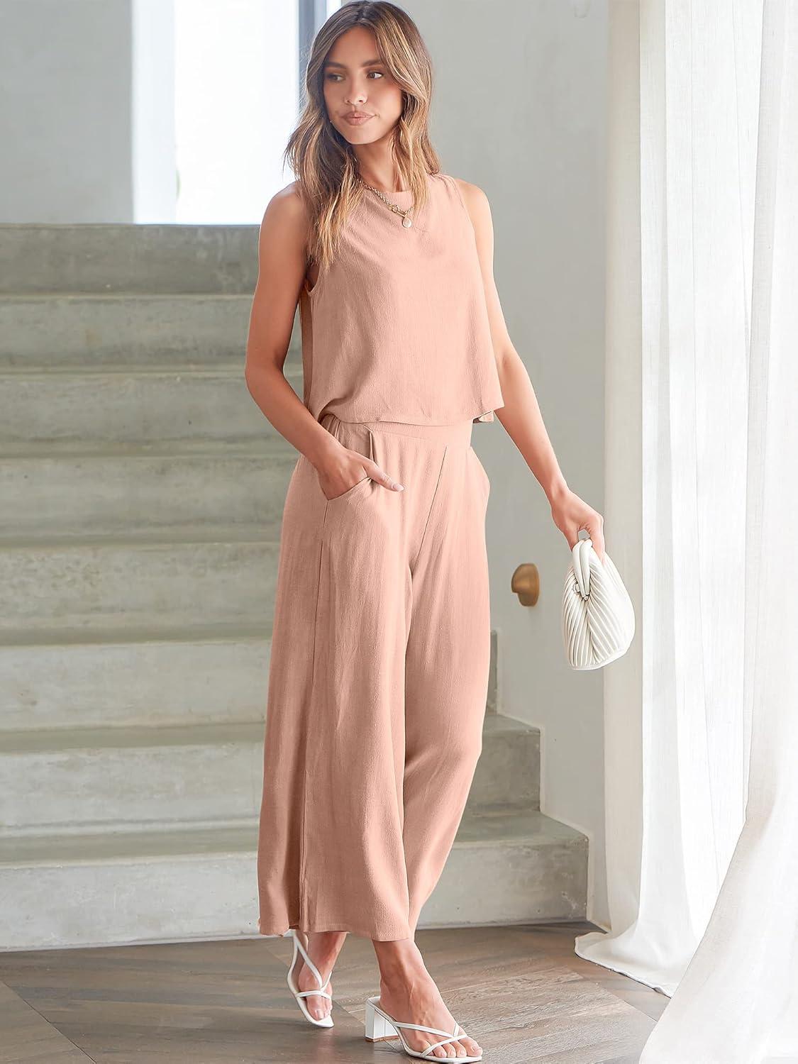 imageANRABESS Womens Summer 2 Piece Outfits Sleeveless Crop Top Capri Wide Leg Pants Jumpsuit Linen Lounge Beach Travel SetsPink