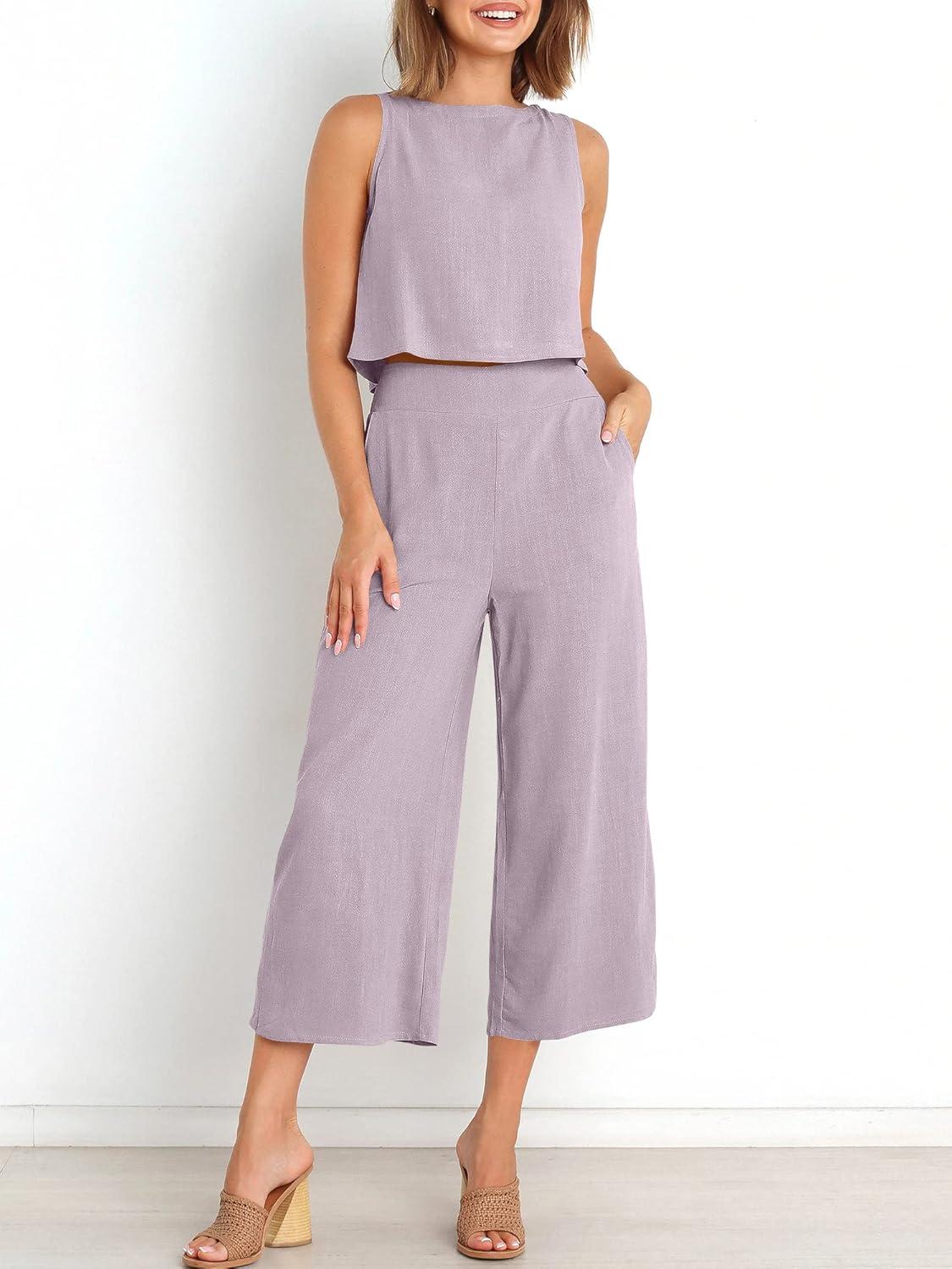 imageANRABESS Womens Summer 2 Piece Outfits Sleeveless Crop Top Capri Wide Leg Pants Jumpsuit Linen Lounge Beach Travel SetsPurple