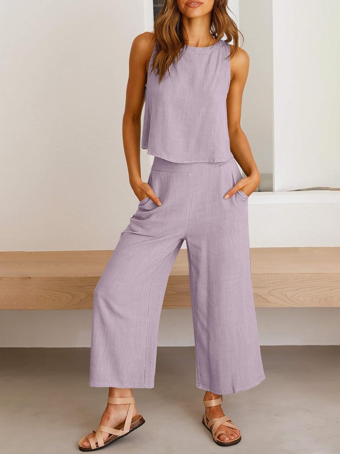 imageANRABESS Womens Summer 2 Piece Outfits Sleeveless Crop Top Capri Wide Leg Pants Jumpsuit Linen Lounge Beach Travel SetsPurple