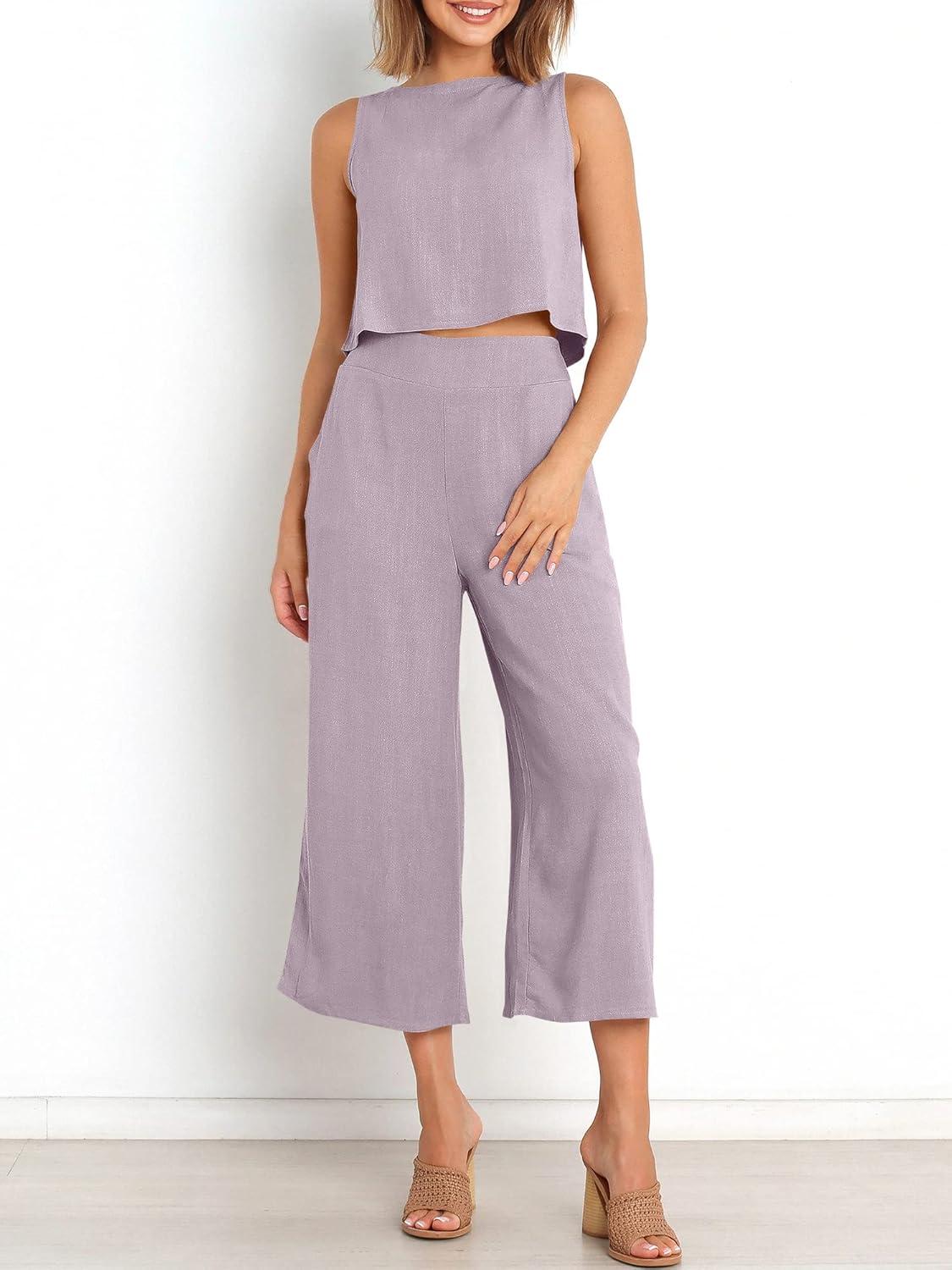 imageANRABESS Womens Summer 2 Piece Outfits Sleeveless Crop Top Capri Wide Leg Pants Jumpsuit Linen Lounge Beach Travel SetsPurple