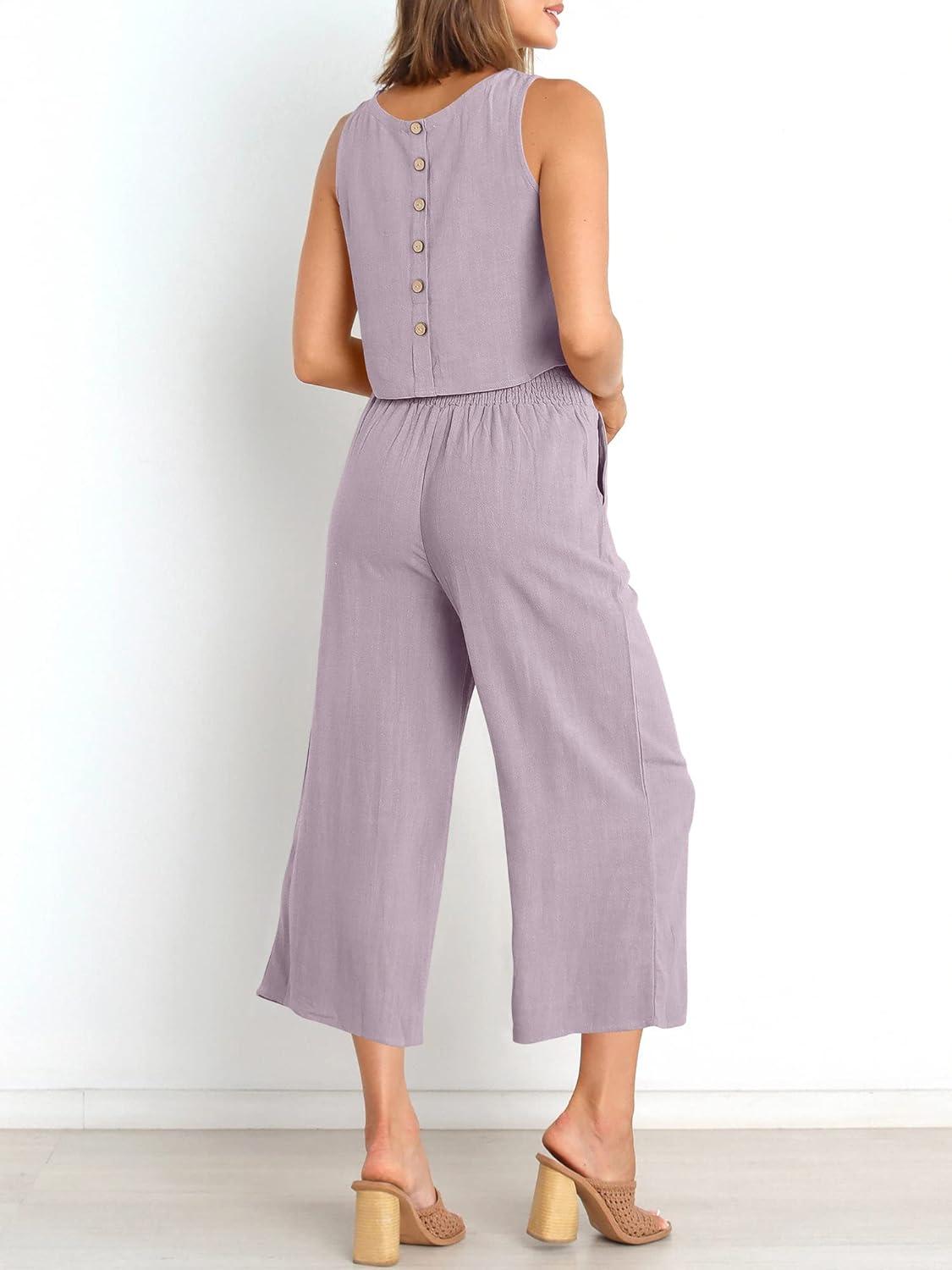 imageANRABESS Womens Summer 2 Piece Outfits Sleeveless Crop Top Capri Wide Leg Pants Jumpsuit Linen Lounge Beach Travel SetsPurple