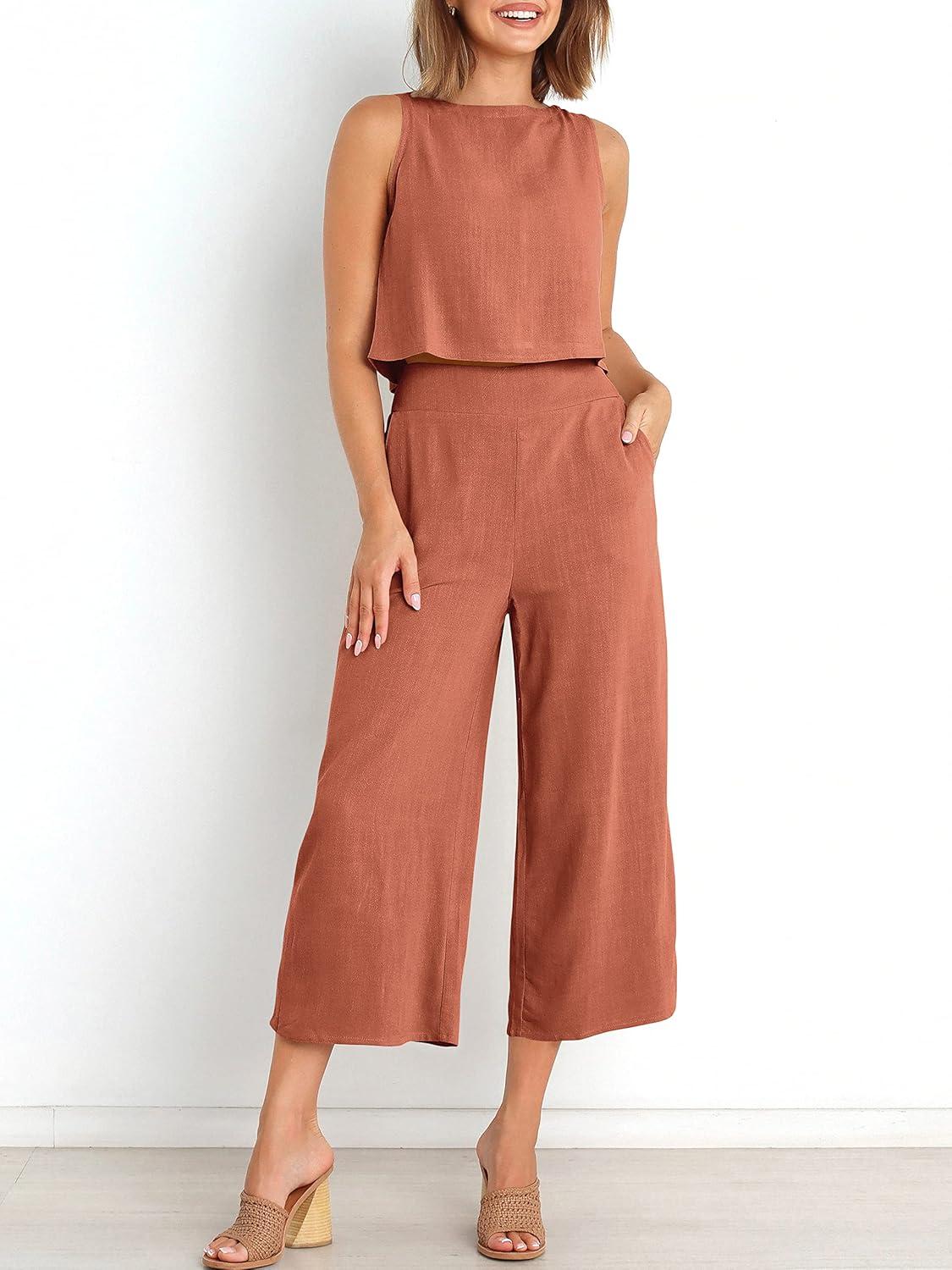 imageANRABESS Womens Summer 2 Piece Outfits Sleeveless Crop Top Capri Wide Leg Pants Jumpsuit Linen Lounge Beach Travel SetsRust