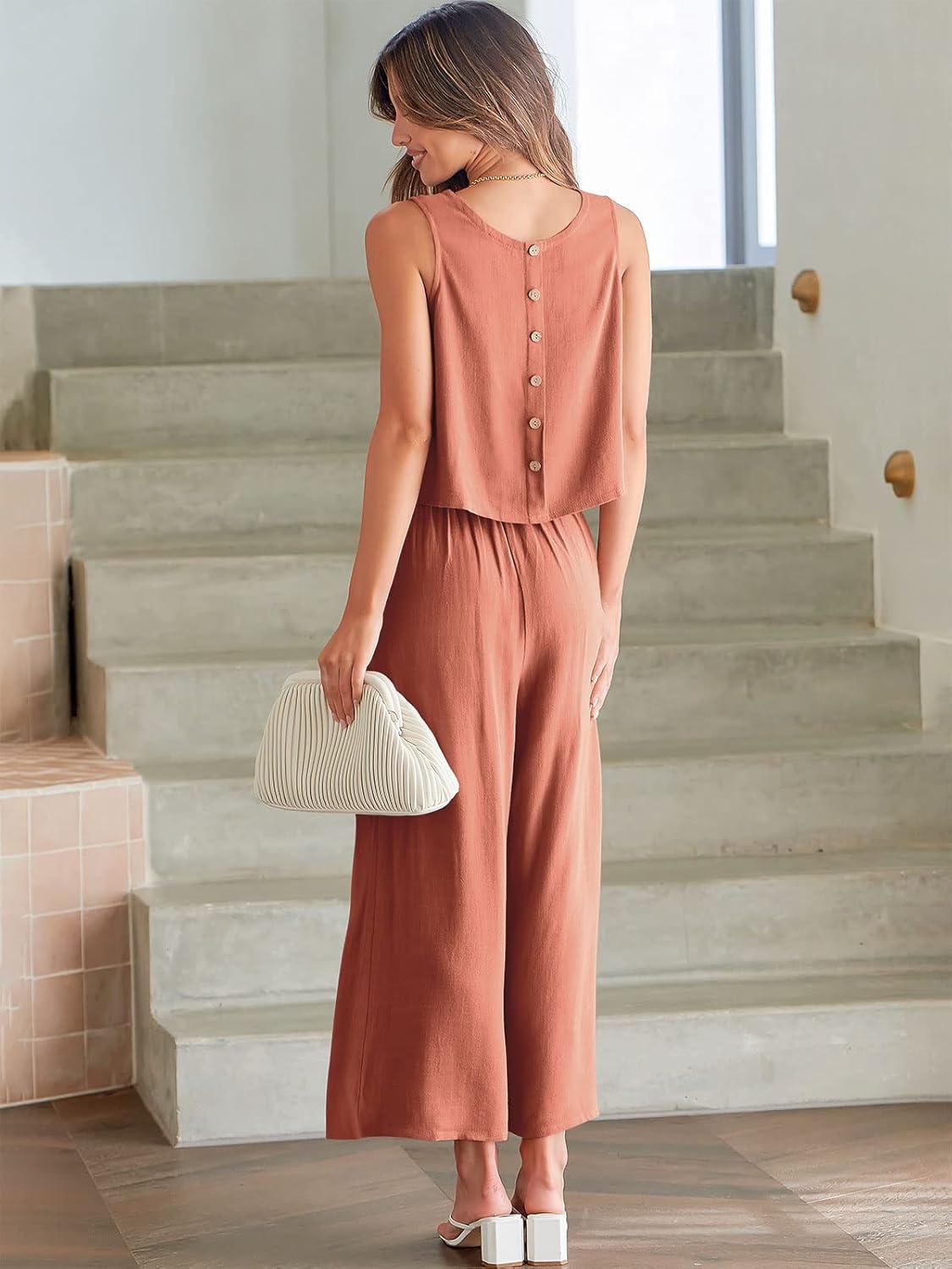 imageANRABESS Womens Summer 2 Piece Outfits Sleeveless Crop Top Capri Wide Leg Pants Jumpsuit Linen Lounge Beach Travel SetsRust