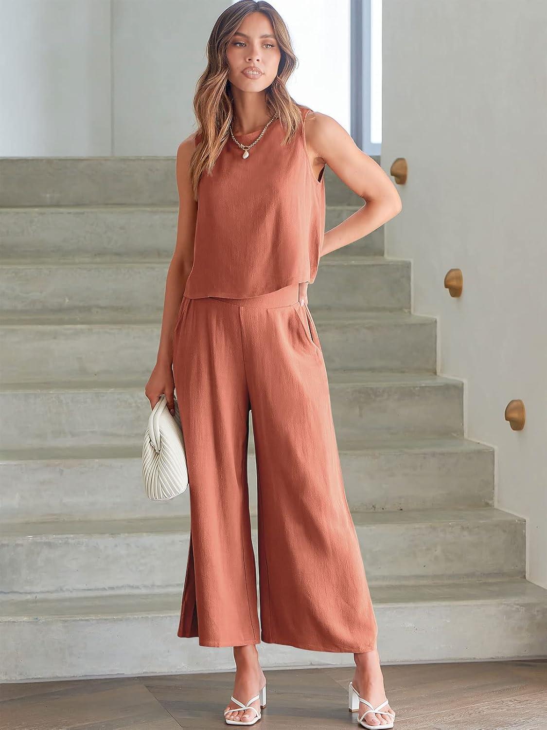 imageANRABESS Womens Summer 2 Piece Outfits Sleeveless Crop Top Capri Wide Leg Pants Jumpsuit Linen Lounge Beach Travel SetsRust