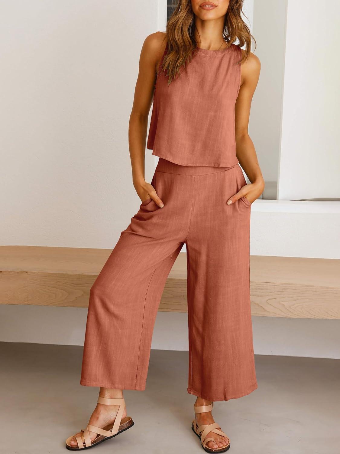 imageANRABESS Womens Summer 2 Piece Outfits Sleeveless Crop Top Capri Wide Leg Pants Jumpsuit Linen Lounge Beach Travel SetsRust