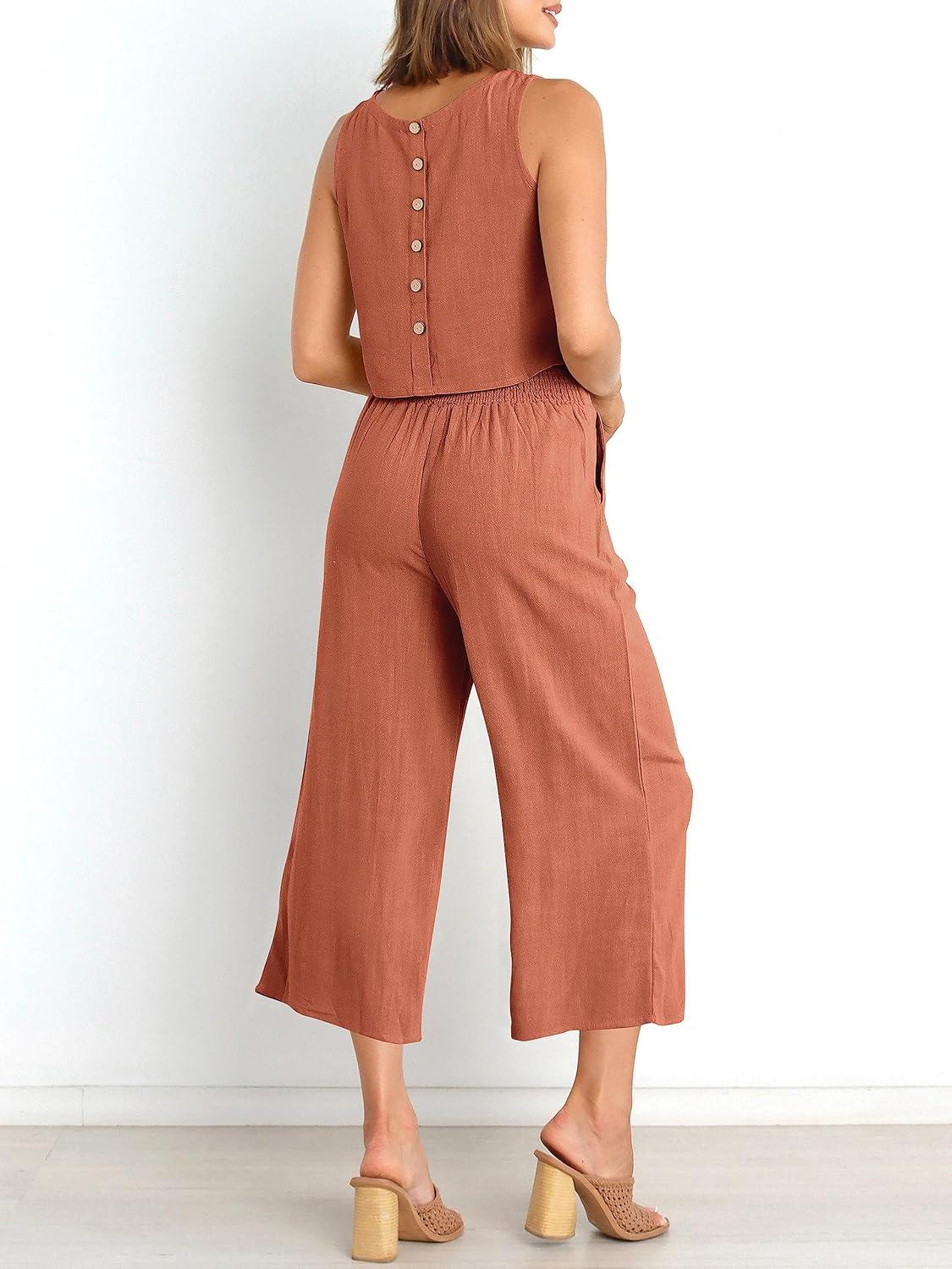 imageANRABESS Womens Summer 2 Piece Outfits Sleeveless Crop Top Capri Wide Leg Pants Jumpsuit Linen Lounge Beach Travel SetsRust