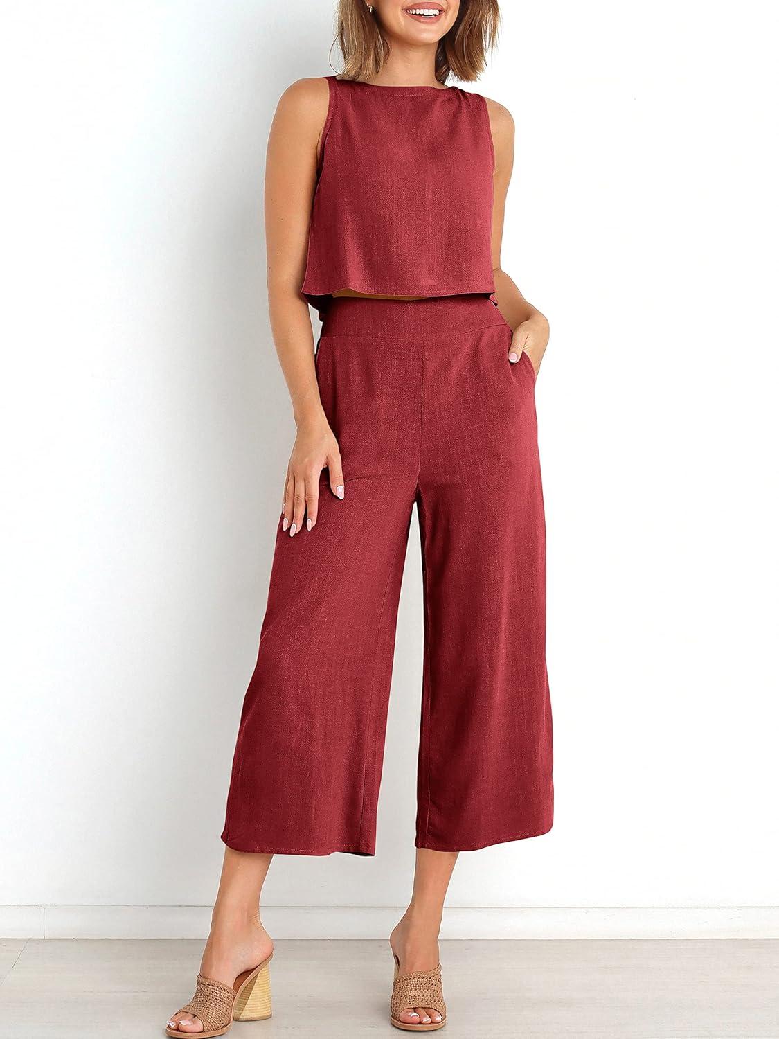 imageANRABESS Womens Summer 2 Piece Outfits Sleeveless Crop Top Capri Wide Leg Pants Jumpsuit Linen Lounge Beach Travel SetsWine Red