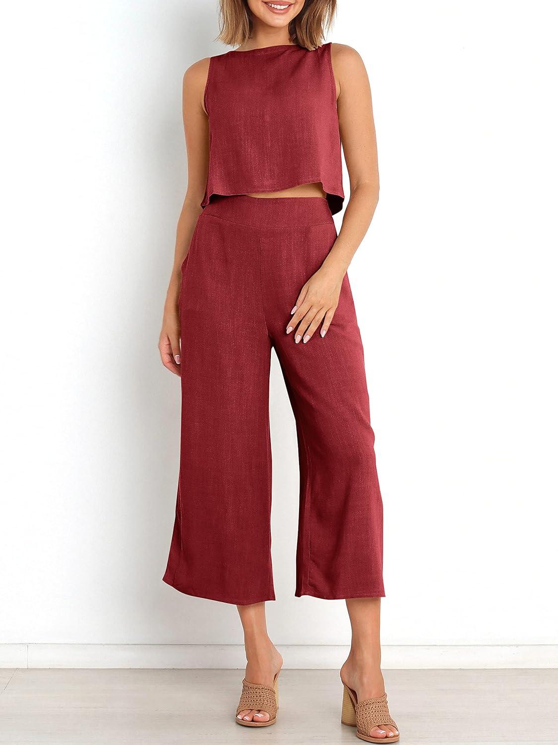 imageANRABESS Womens Summer 2 Piece Outfits Sleeveless Crop Top Capri Wide Leg Pants Jumpsuit Linen Lounge Beach Travel SetsWine Red