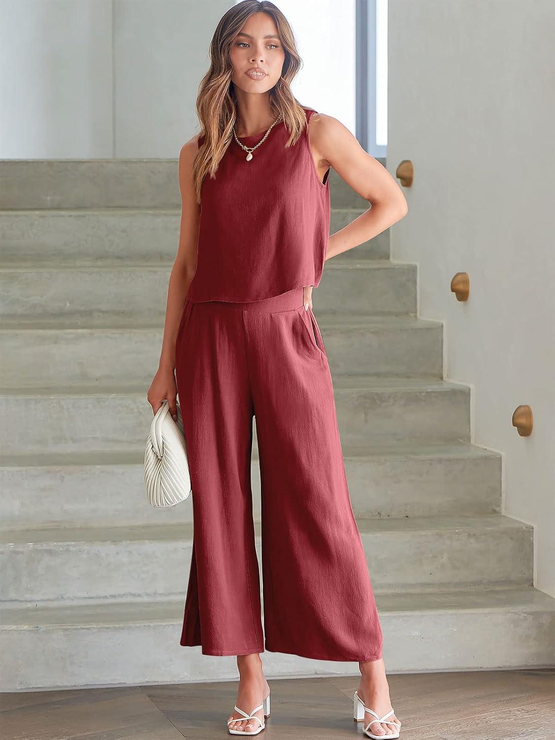 imageANRABESS Womens Summer 2 Piece Outfits Sleeveless Crop Top Capri Wide Leg Pants Jumpsuit Linen Lounge Beach Travel SetsWine Red