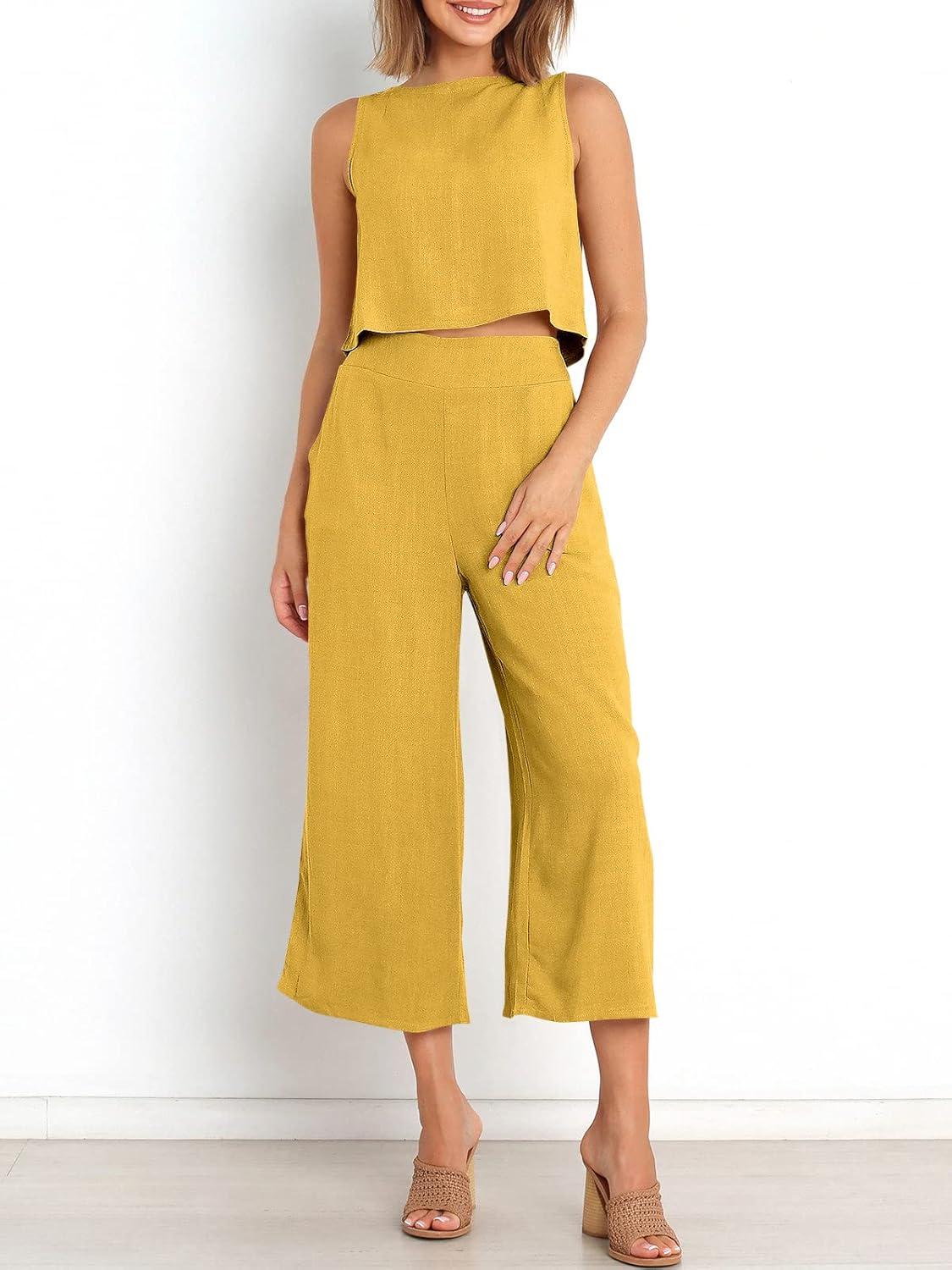 imageANRABESS Womens Summer 2 Piece Outfits Sleeveless Crop Top Capri Wide Leg Pants Jumpsuit Linen Lounge Beach Travel SetsYellow