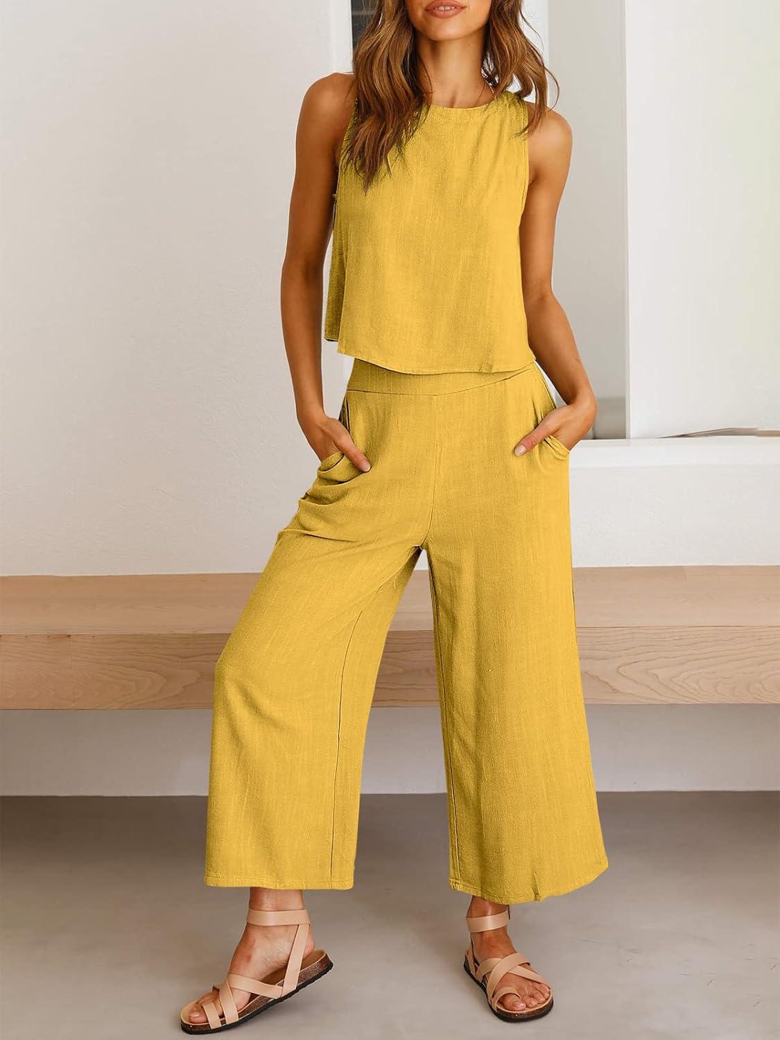 imageANRABESS Womens Summer 2 Piece Outfits Sleeveless Crop Top Capri Wide Leg Pants Jumpsuit Linen Lounge Beach Travel SetsYellow