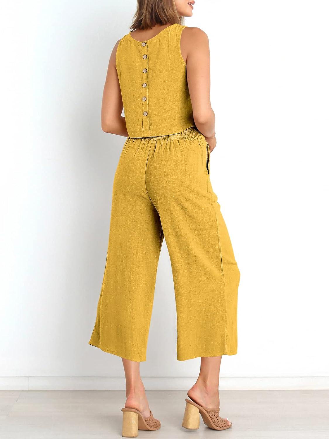 imageANRABESS Womens Summer 2 Piece Outfits Sleeveless Crop Top Capri Wide Leg Pants Jumpsuit Linen Lounge Beach Travel SetsYellow