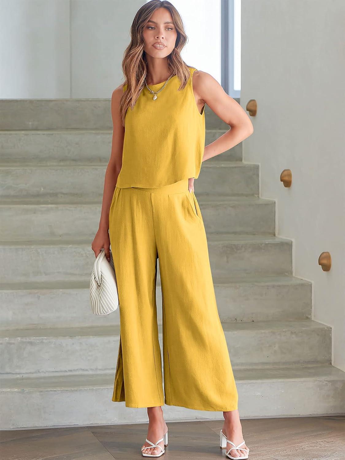 imageANRABESS Womens Summer 2 Piece Outfits Sleeveless Crop Top Capri Wide Leg Pants Jumpsuit Linen Lounge Beach Travel SetsYellow