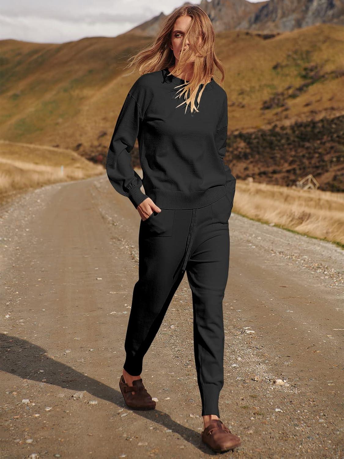 imageANRABESS Womens Two Piece Outfits Sweater Sets Long Sleeve Knit Pullover and Jogger Pants Tracksuit Lounge Set 2024 ClothesBlack