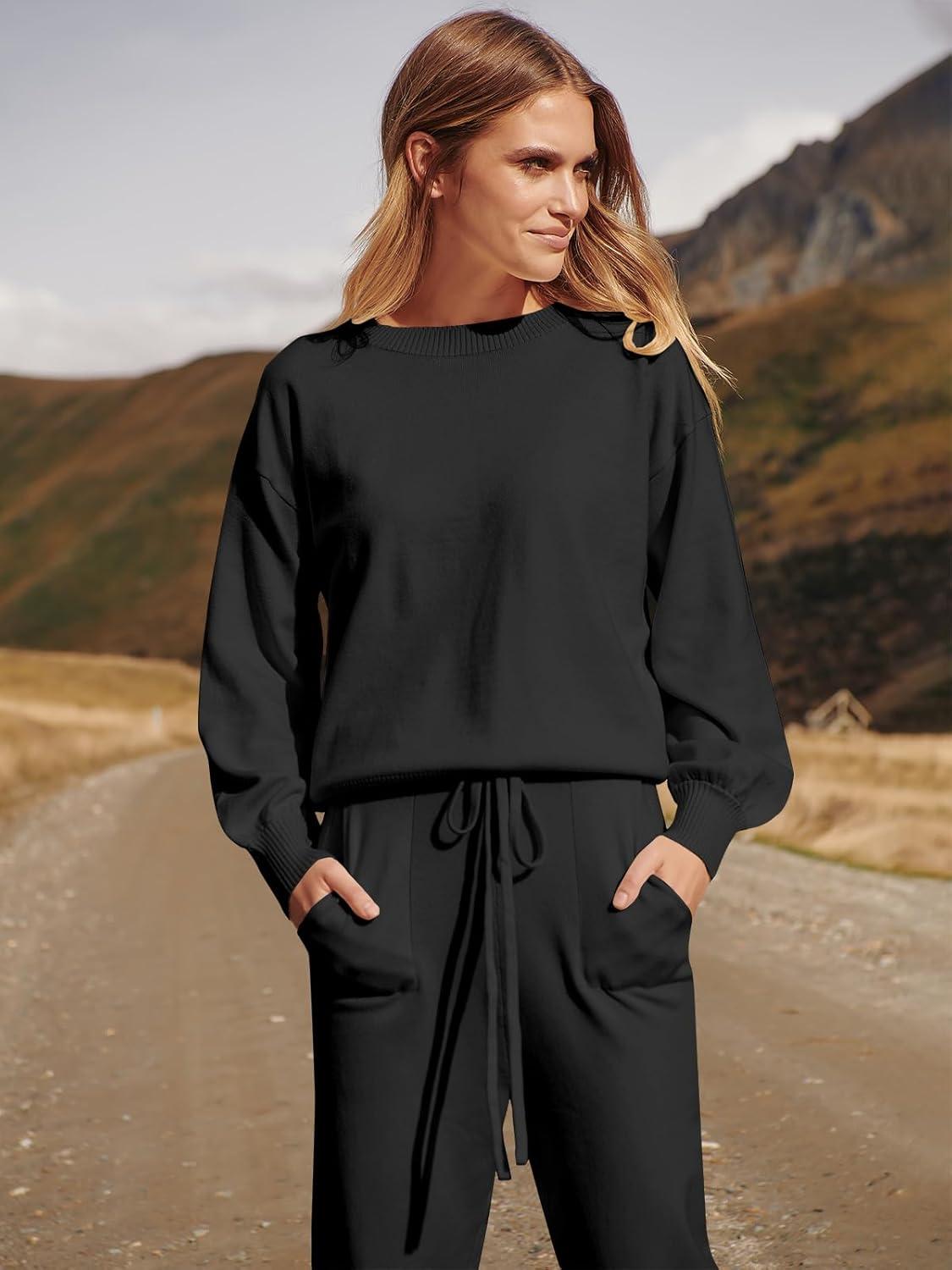 imageANRABESS Womens Two Piece Outfits Sweater Sets Long Sleeve Knit Pullover and Jogger Pants Tracksuit Lounge Set 2024 ClothesBlack