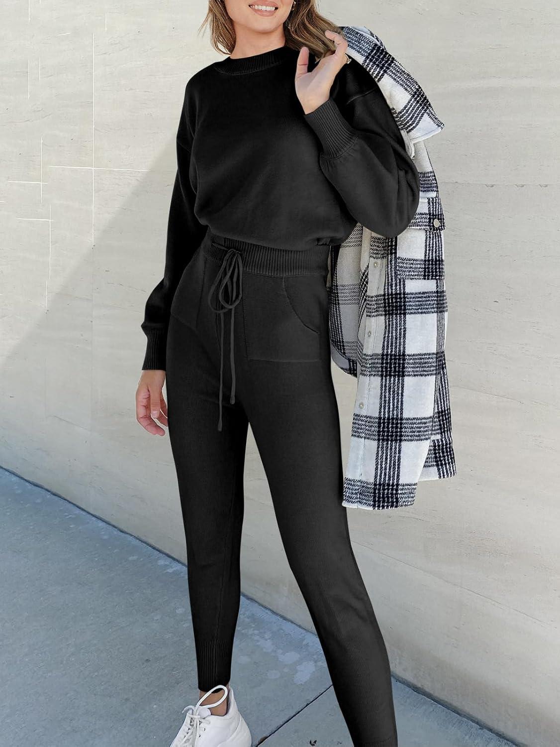 imageANRABESS Womens Two Piece Outfits Sweater Sets Long Sleeve Knit Pullover and Jogger Pants Tracksuit Lounge Set 2024 ClothesBlack