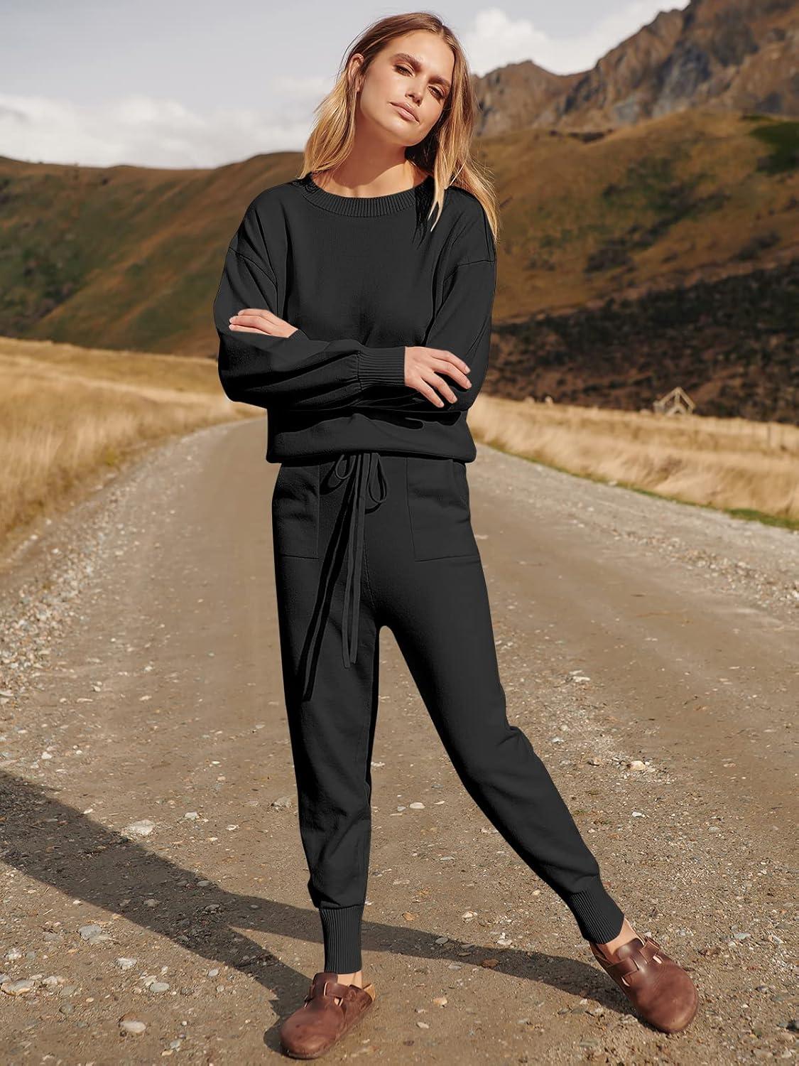 imageANRABESS Womens Two Piece Outfits Sweater Sets Long Sleeve Knit Pullover and Jogger Pants Tracksuit Lounge Set 2024 ClothesBlack