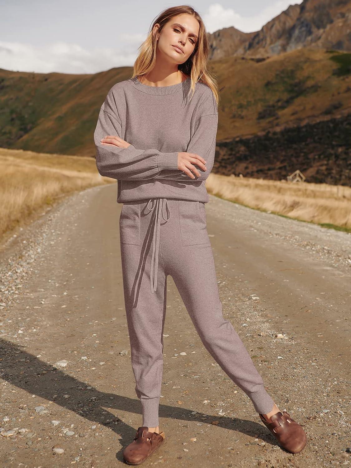 imageANRABESS Womens Two Piece Outfits Sweater Sets Long Sleeve Knit Pullover and Jogger Pants Tracksuit Lounge Set 2024 ClothesCamel