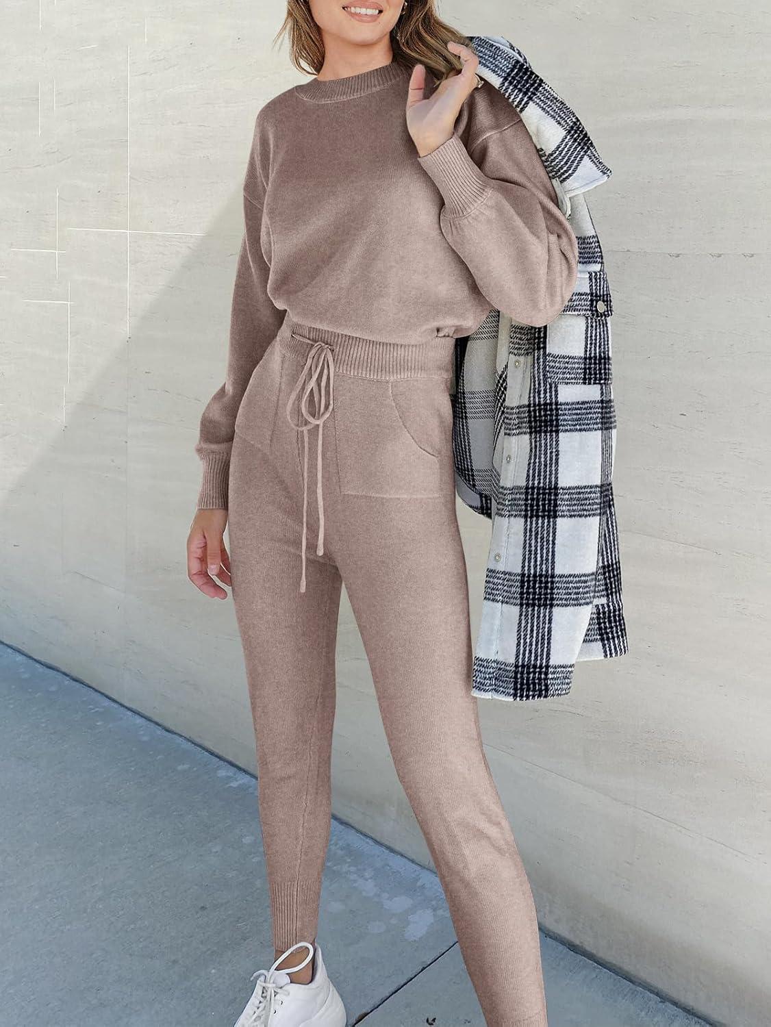 imageANRABESS Womens Two Piece Outfits Sweater Sets Long Sleeve Knit Pullover and Jogger Pants Tracksuit Lounge Set 2024 ClothesCamel