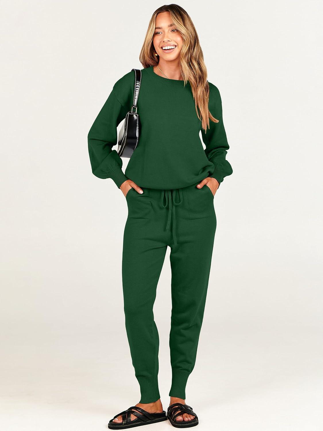 imageANRABESS Womens Two Piece Outfits Sweater Sets Long Sleeve Knit Pullover and Jogger Pants Tracksuit Lounge Set 2024 ClothesDeep Green
