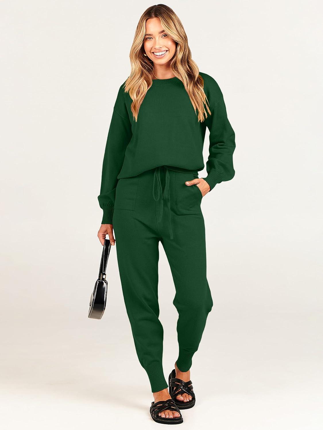 imageANRABESS Womens Two Piece Outfits Sweater Sets Long Sleeve Knit Pullover and Jogger Pants Tracksuit Lounge Set 2024 ClothesDeep Green