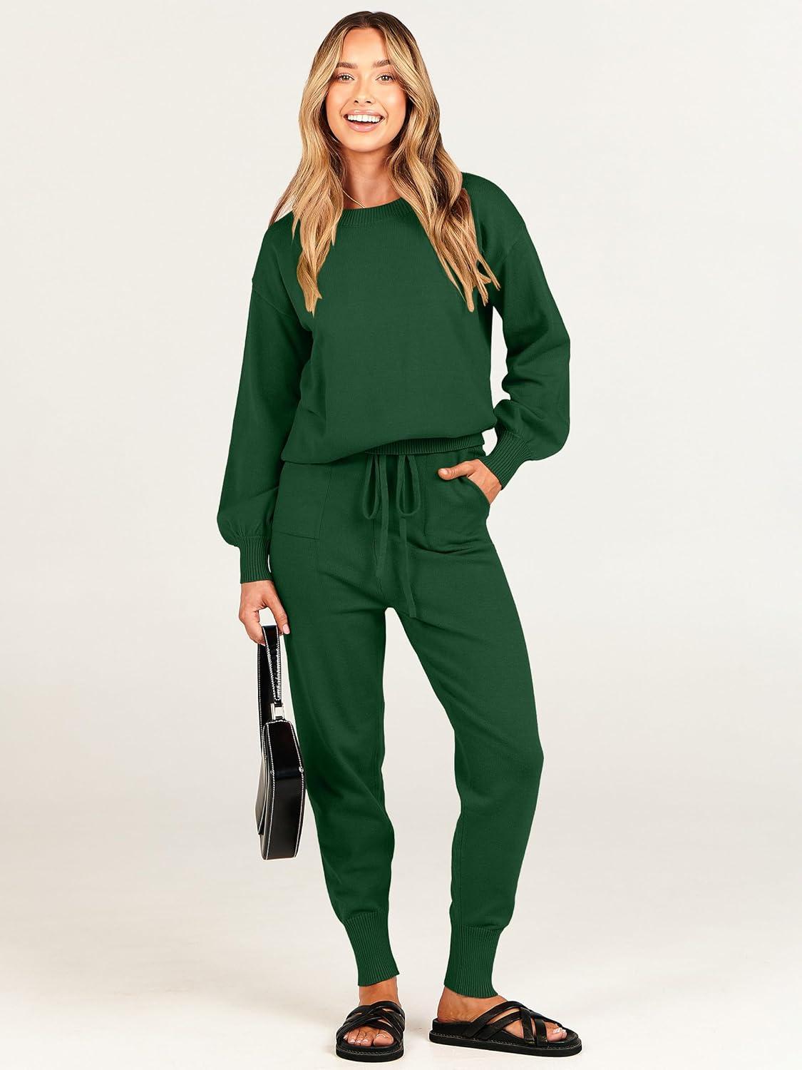 imageANRABESS Womens Two Piece Outfits Sweater Sets Long Sleeve Knit Pullover and Jogger Pants Tracksuit Lounge Set 2024 ClothesDeep Green
