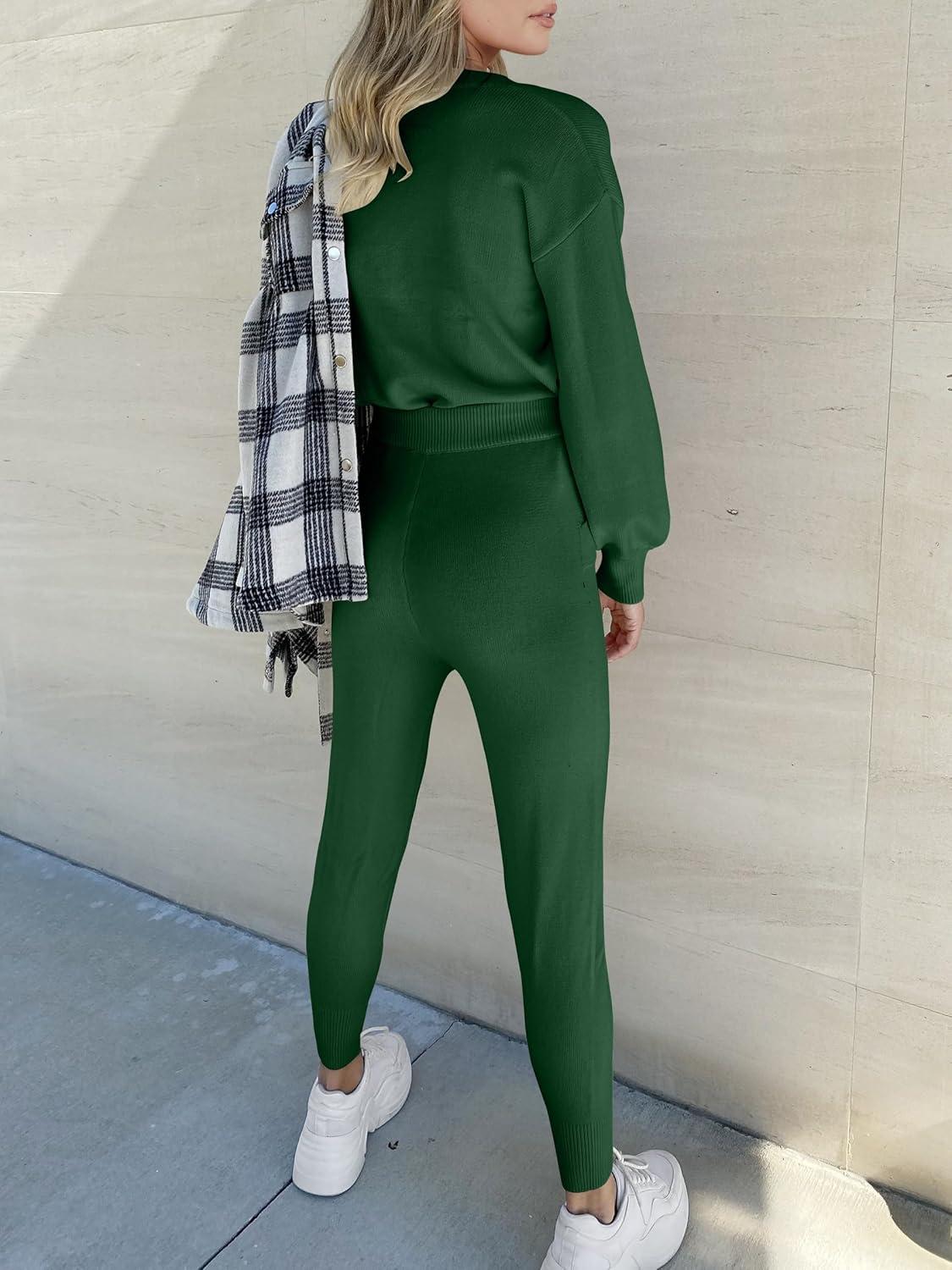 imageANRABESS Womens Two Piece Outfits Sweater Sets Long Sleeve Knit Pullover and Jogger Pants Tracksuit Lounge Set 2024 ClothesDeep Green
