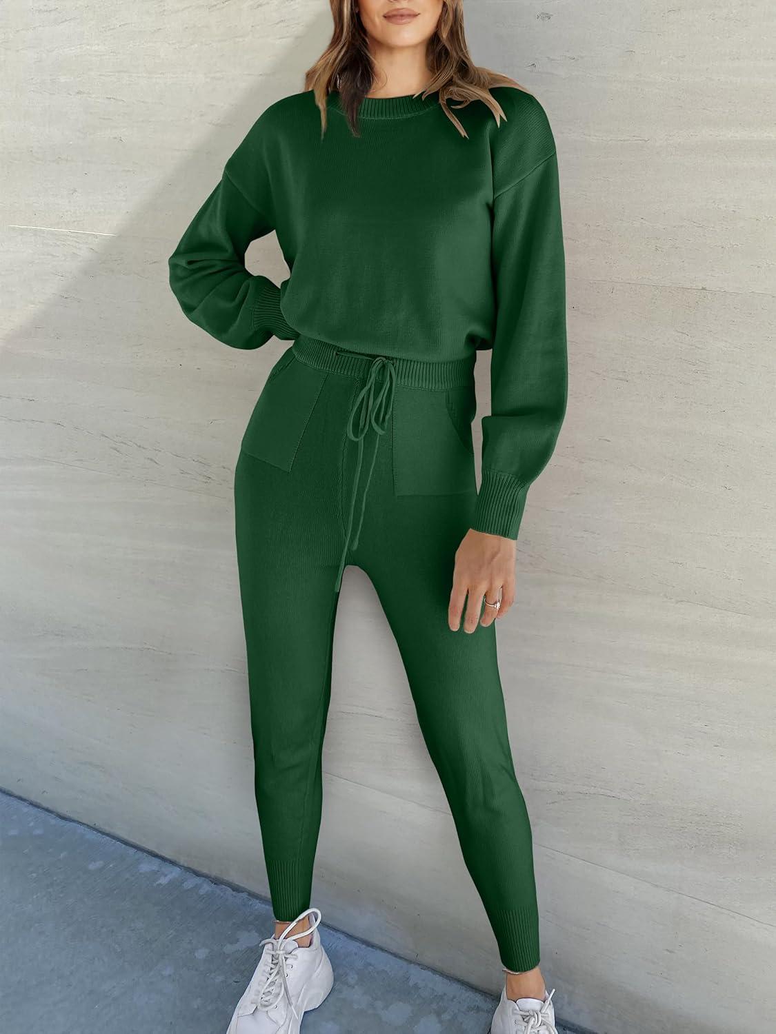 imageANRABESS Womens Two Piece Outfits Sweater Sets Long Sleeve Knit Pullover and Jogger Pants Tracksuit Lounge Set 2024 ClothesDeep Green