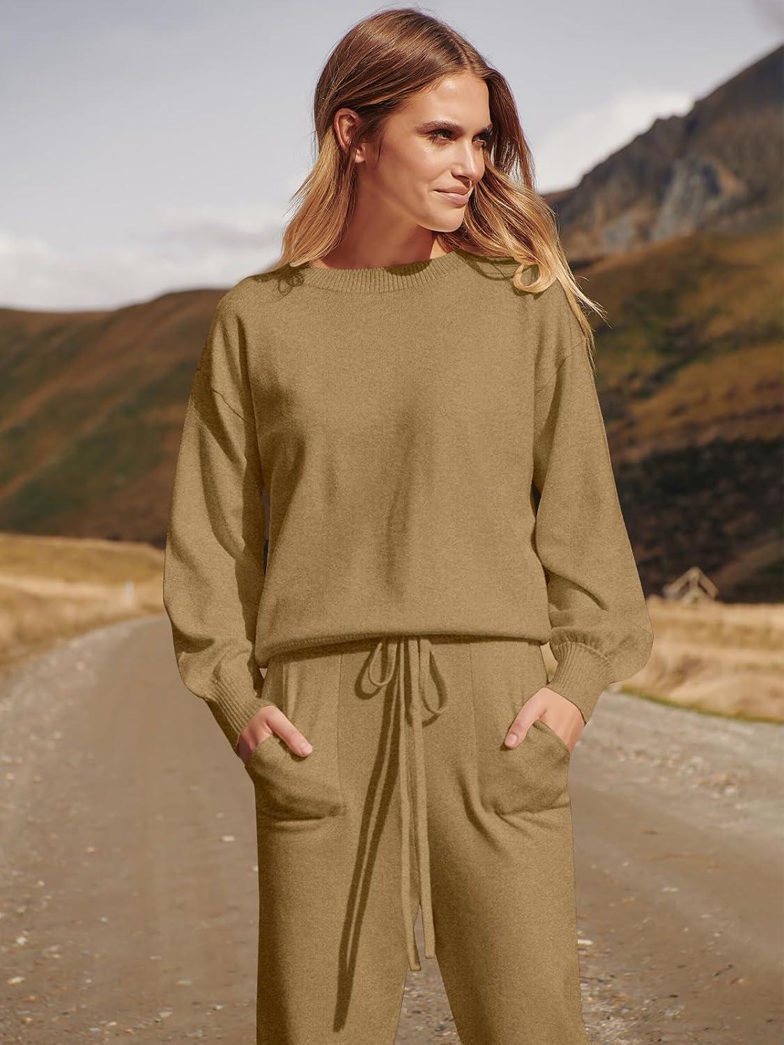 imageANRABESS Womens Two Piece Outfits Sweater Sets Long Sleeve Knit Pullover and Jogger Pants Tracksuit Lounge Set 2024 ClothesKhaki