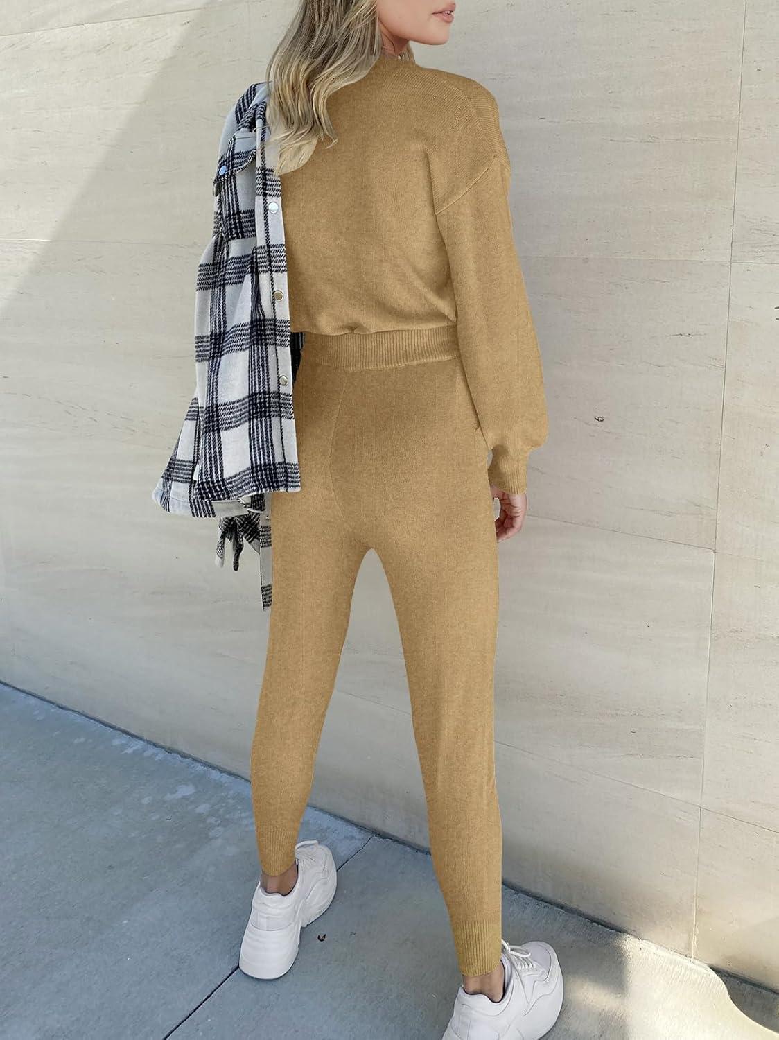 imageANRABESS Womens Two Piece Outfits Sweater Sets Long Sleeve Knit Pullover and Jogger Pants Tracksuit Lounge Set 2024 ClothesKhaki