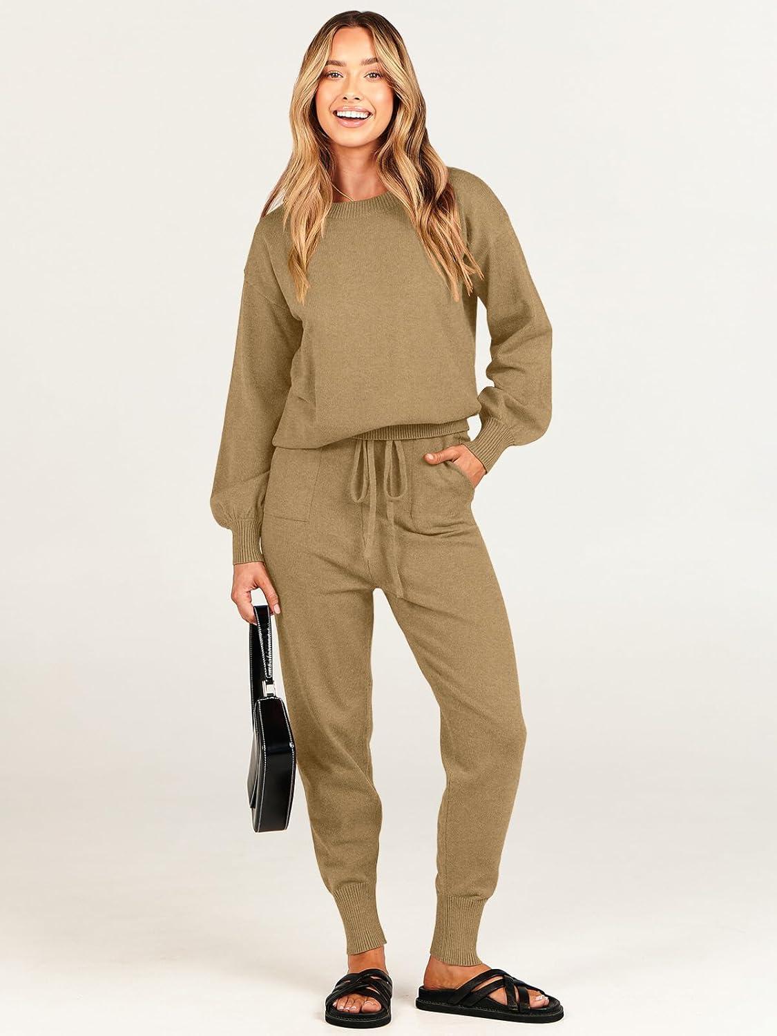 imageANRABESS Womens Two Piece Outfits Sweater Sets Long Sleeve Knit Pullover and Jogger Pants Tracksuit Lounge Set 2024 ClothesKhaki
