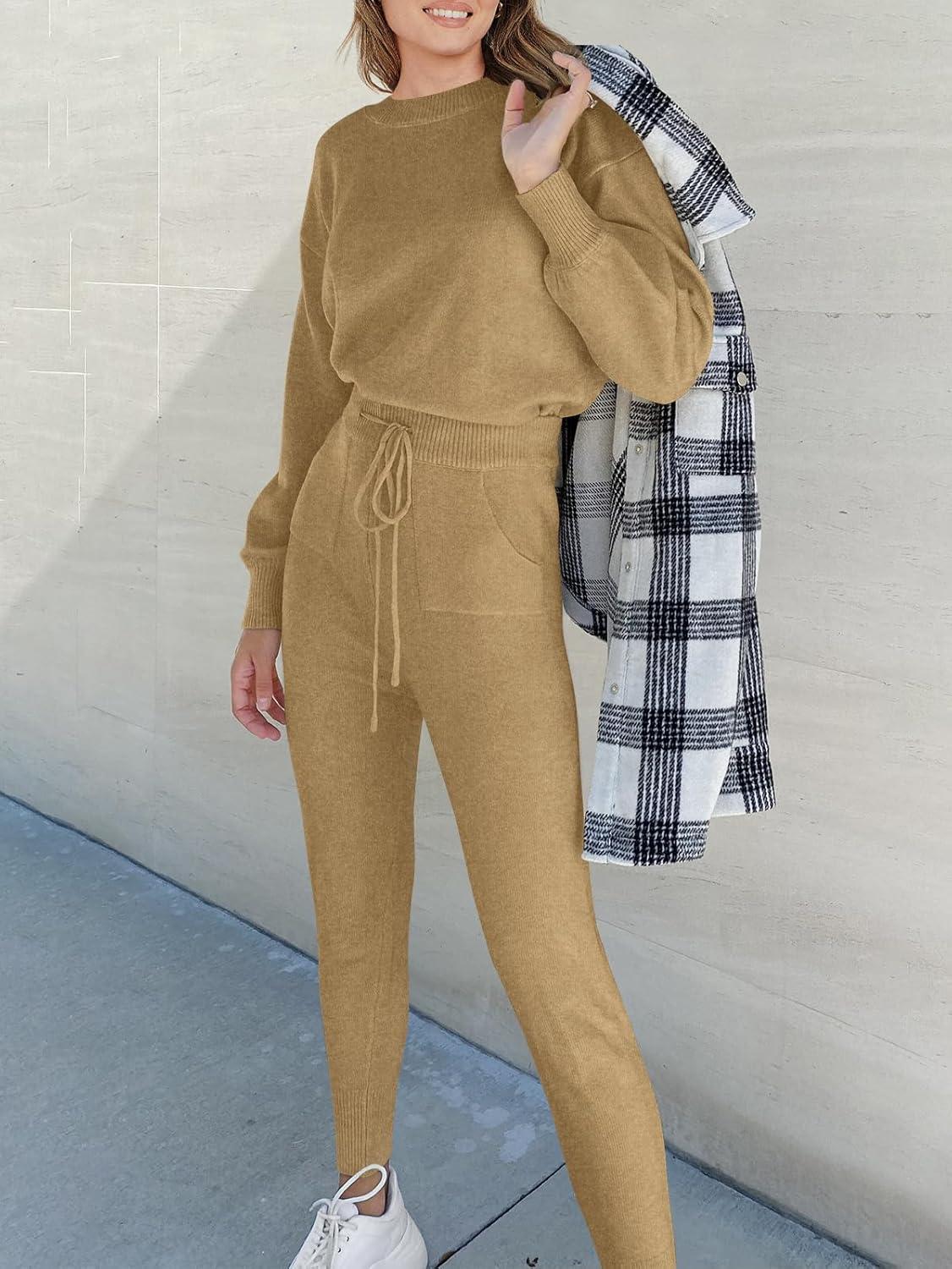 imageANRABESS Womens Two Piece Outfits Sweater Sets Long Sleeve Knit Pullover and Jogger Pants Tracksuit Lounge Set 2024 ClothesKhaki