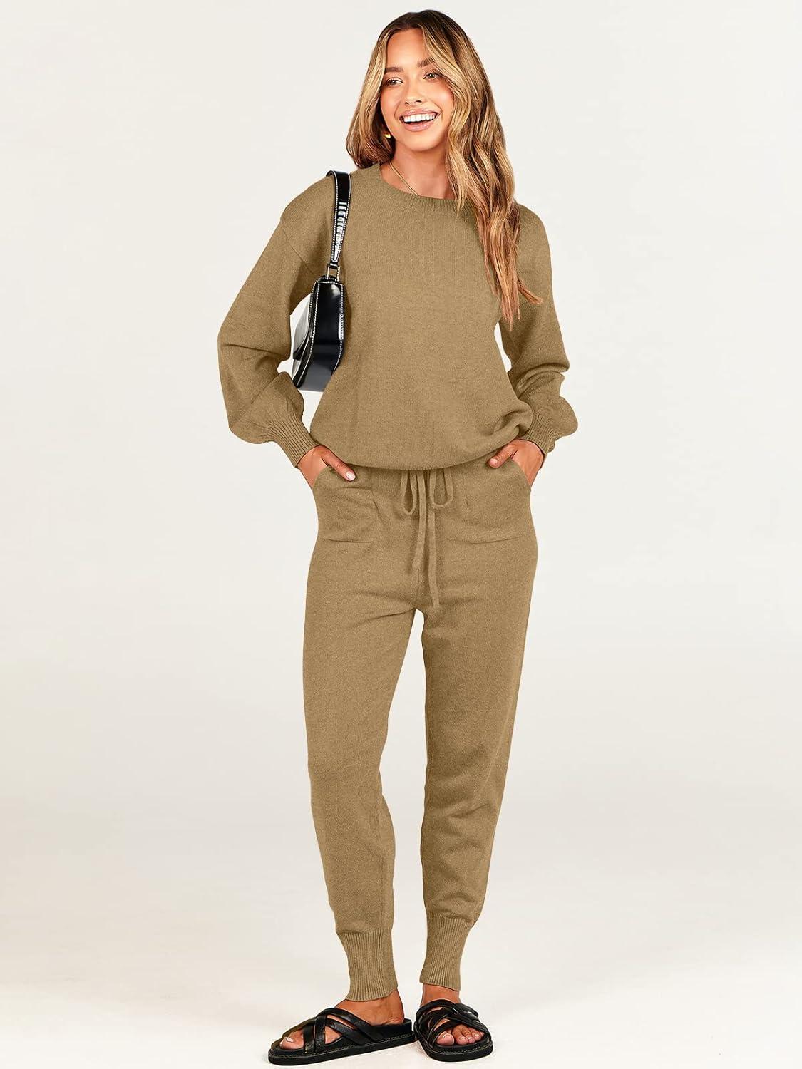 imageANRABESS Womens Two Piece Outfits Sweater Sets Long Sleeve Knit Pullover and Jogger Pants Tracksuit Lounge Set 2024 ClothesKhaki