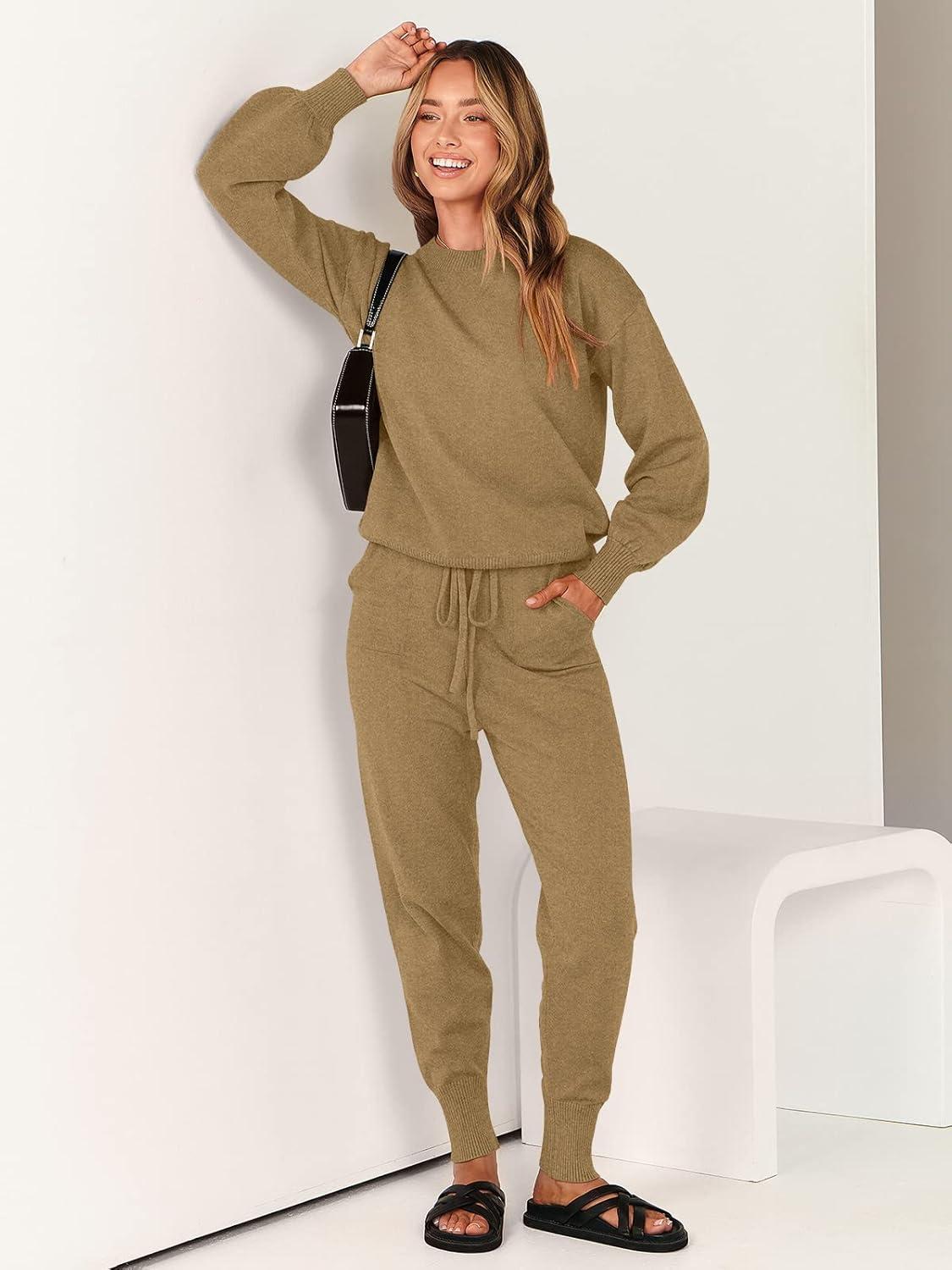 imageANRABESS Womens Two Piece Outfits Sweater Sets Long Sleeve Knit Pullover and Jogger Pants Tracksuit Lounge Set 2024 ClothesKhaki